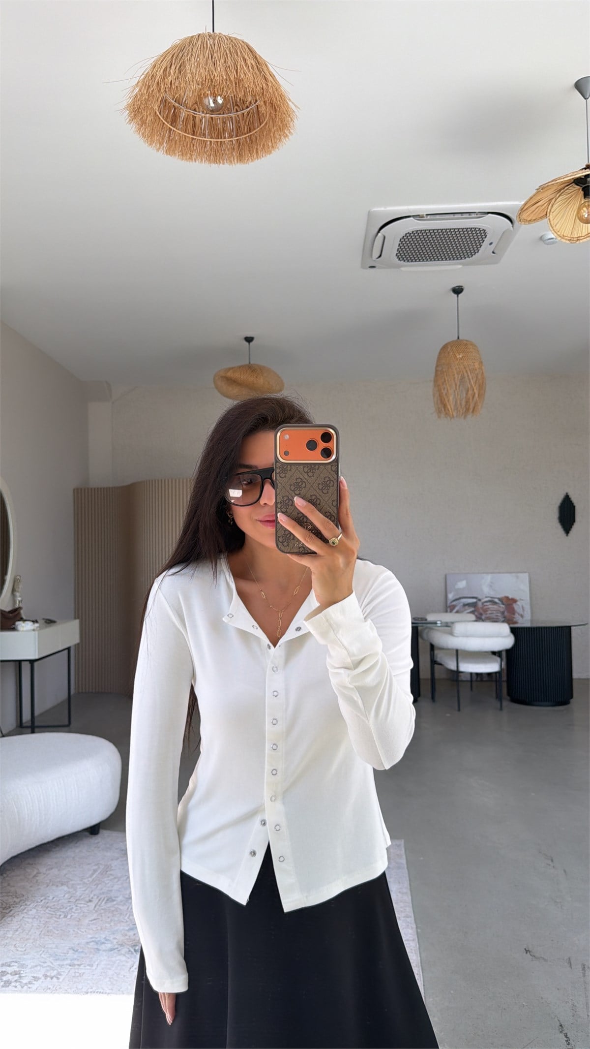 Ekru Tam Boy Çıtçıt Modal Bluz