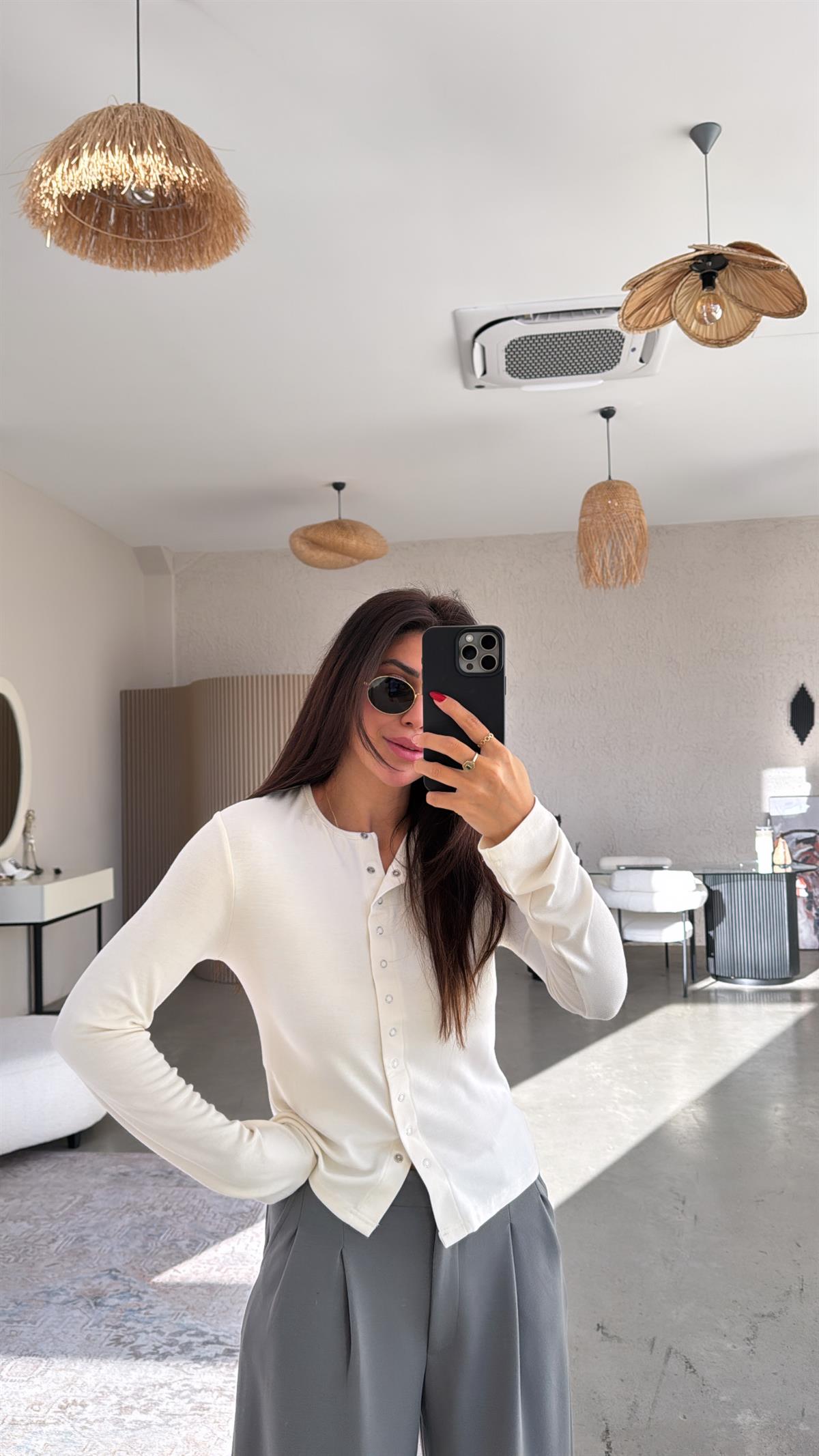 Ekru Tam Boy Çıtçıt Modal Bluz