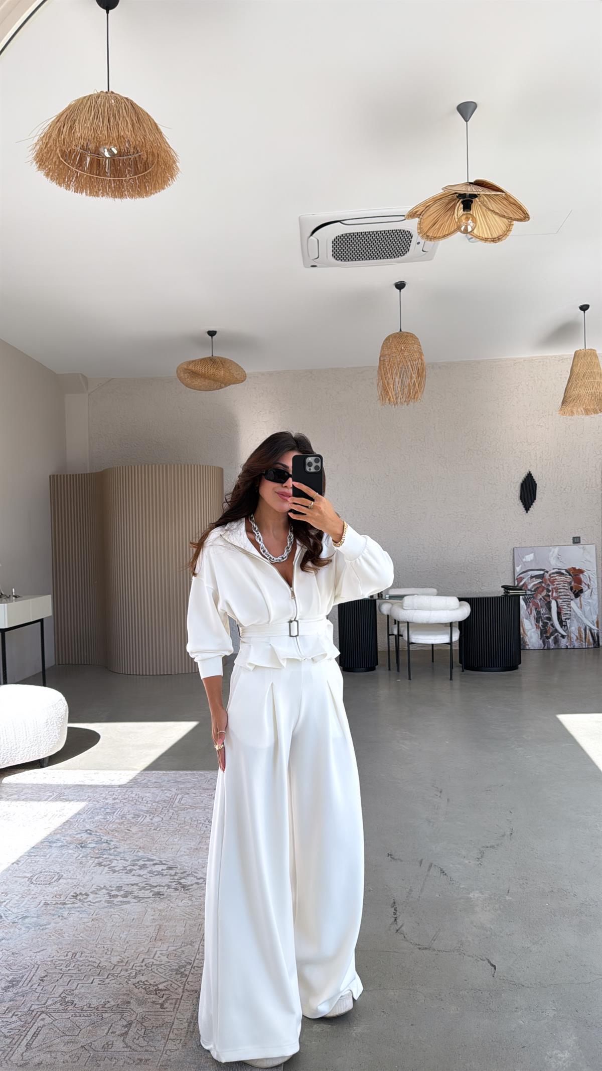 Ekru Tokalı Ceketli Pantolon Takım