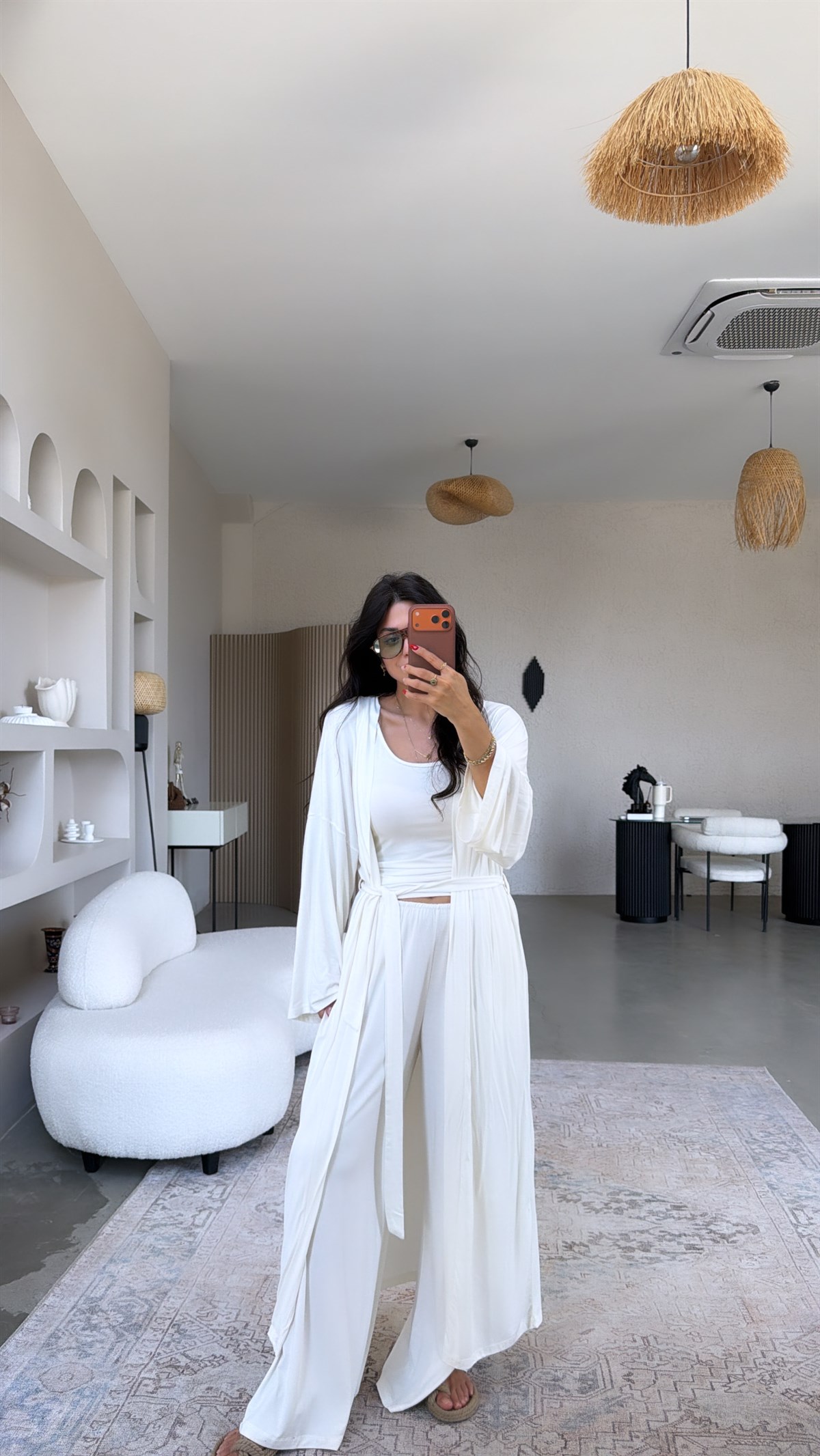 Ekru Uzun Viskon Less Kimono