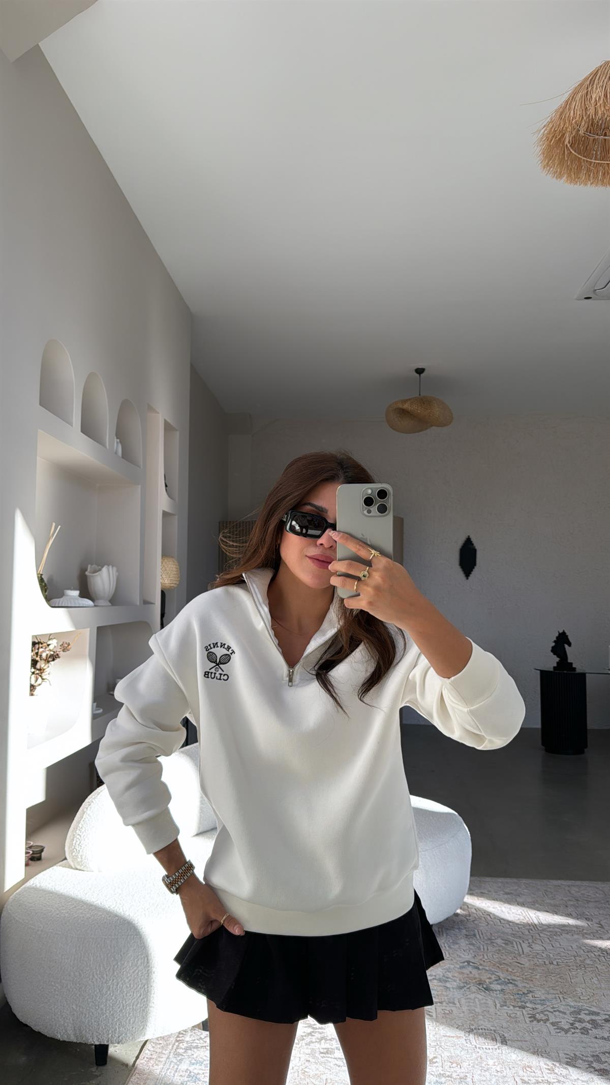Ekru Yakası Fermuarlı Tenis Sweatshirt
