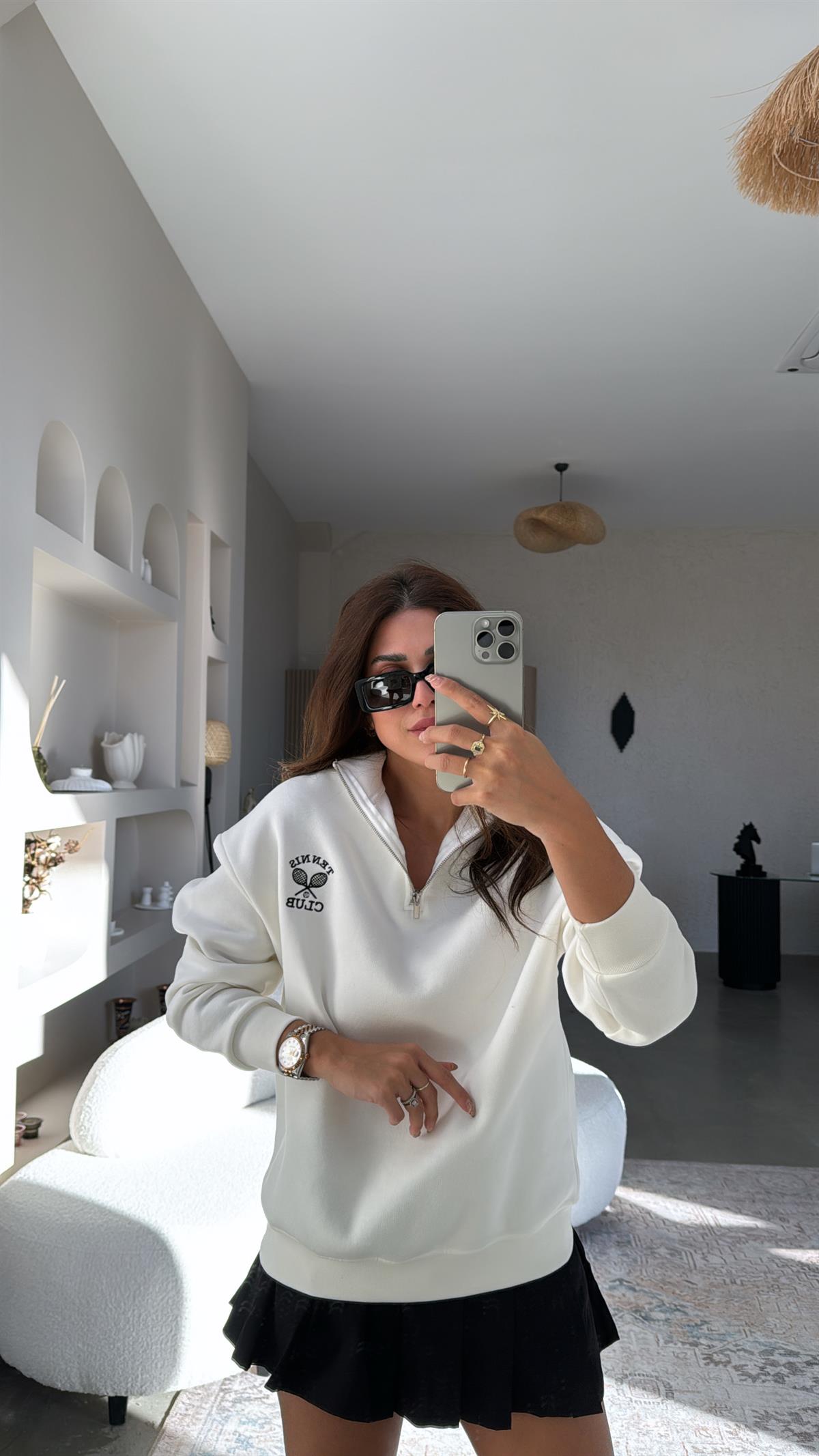 Ekru Yakası Fermuarlı Tenis Sweatshirt