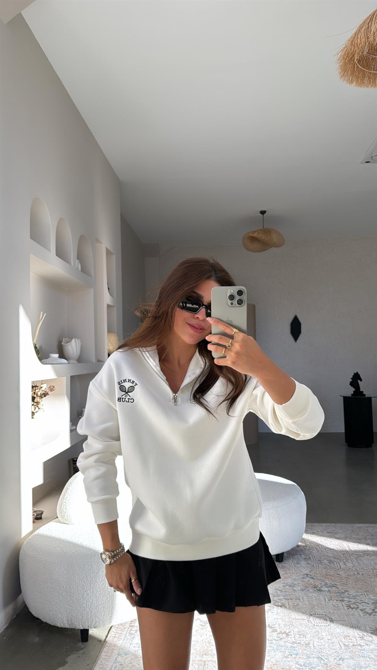 Ekru Yakası Fermuarlı Tenis Sweatshirt