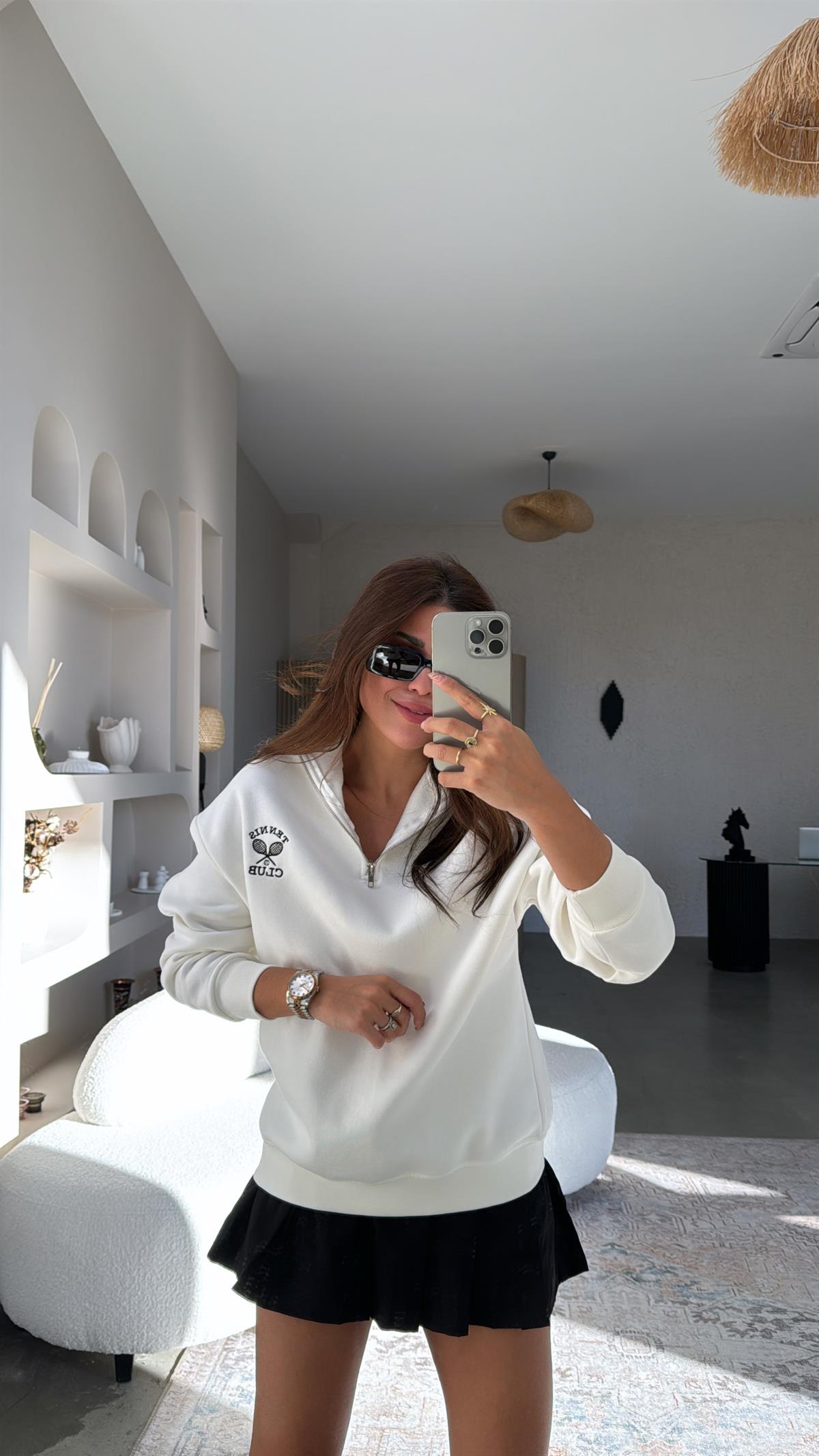 Ekru Yakası Fermuarlı Tenis Sweatshirt
