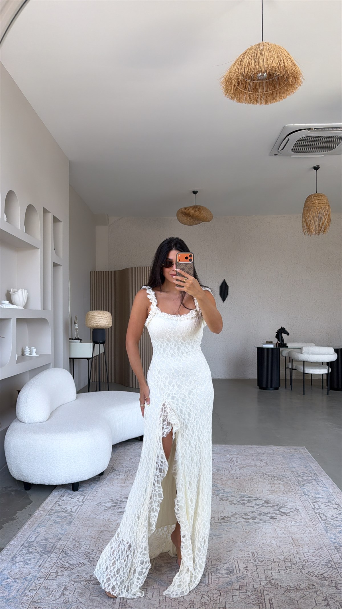 Ekru Yırtmaçlı Full Dantel Gipsy Elbise