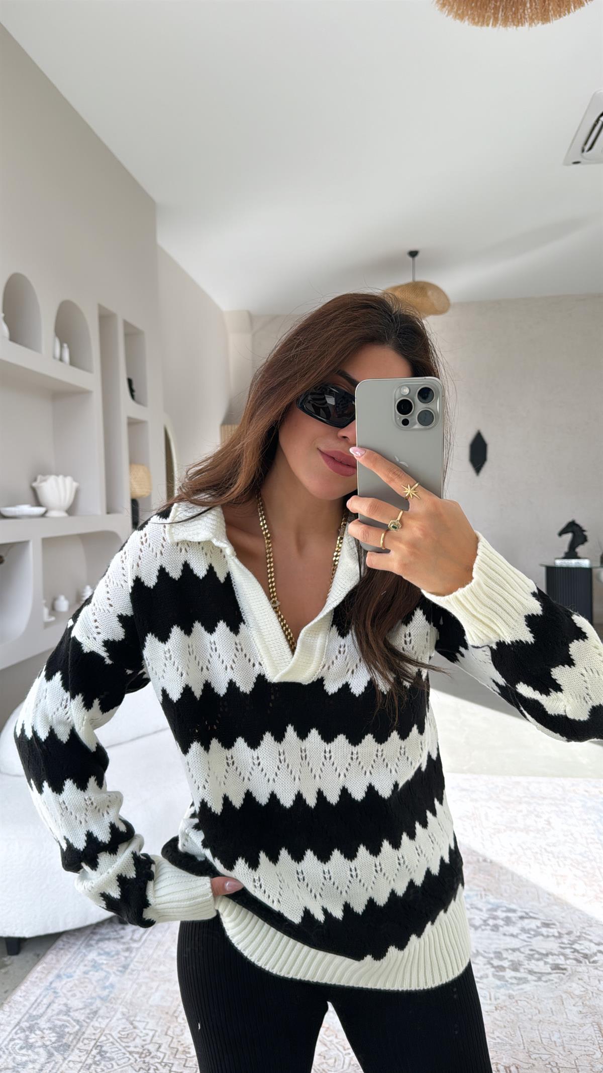 Ekru Zikzak Desenli Triko