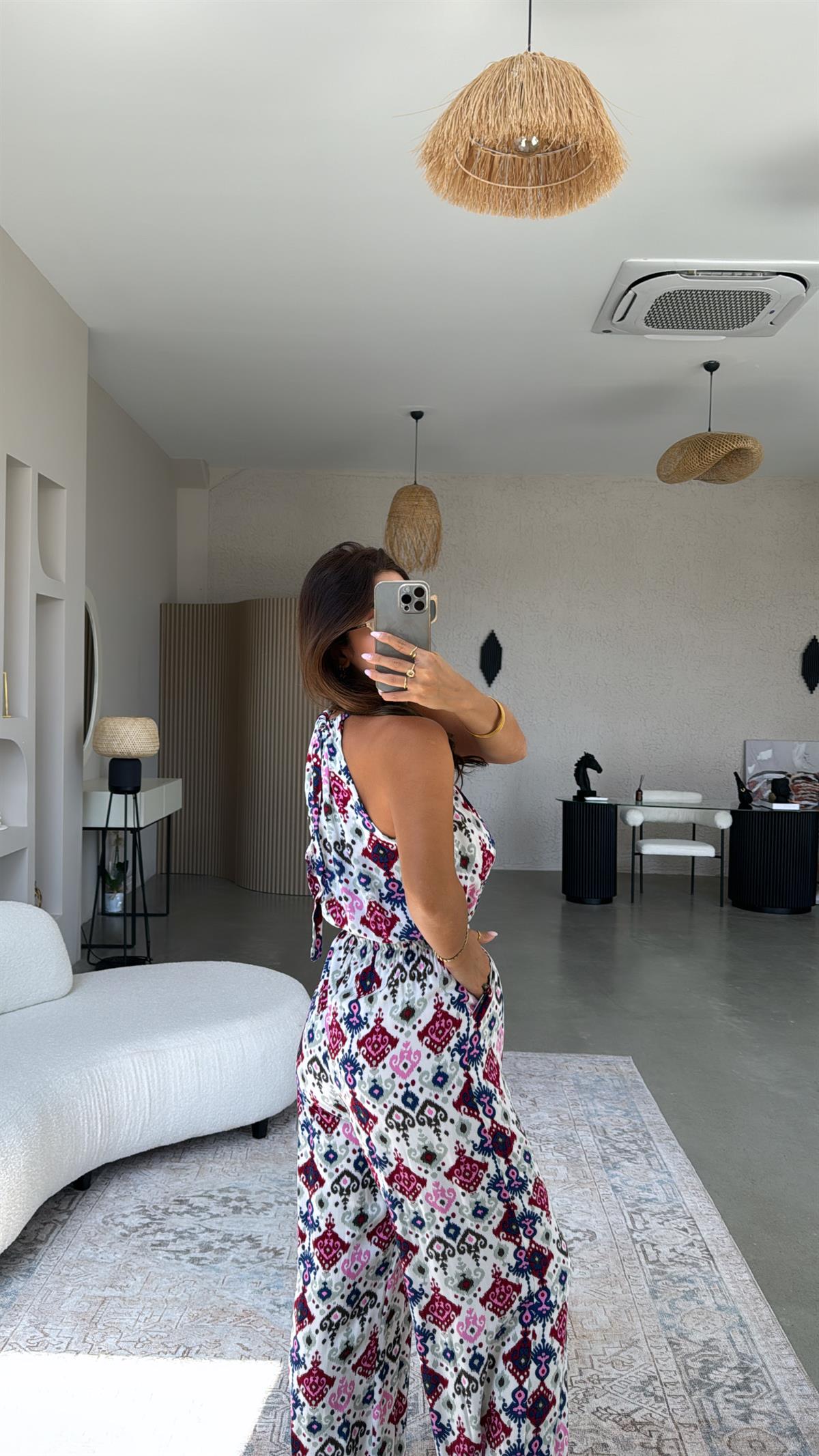 Etnik Desenli Halter Yaka Tulum