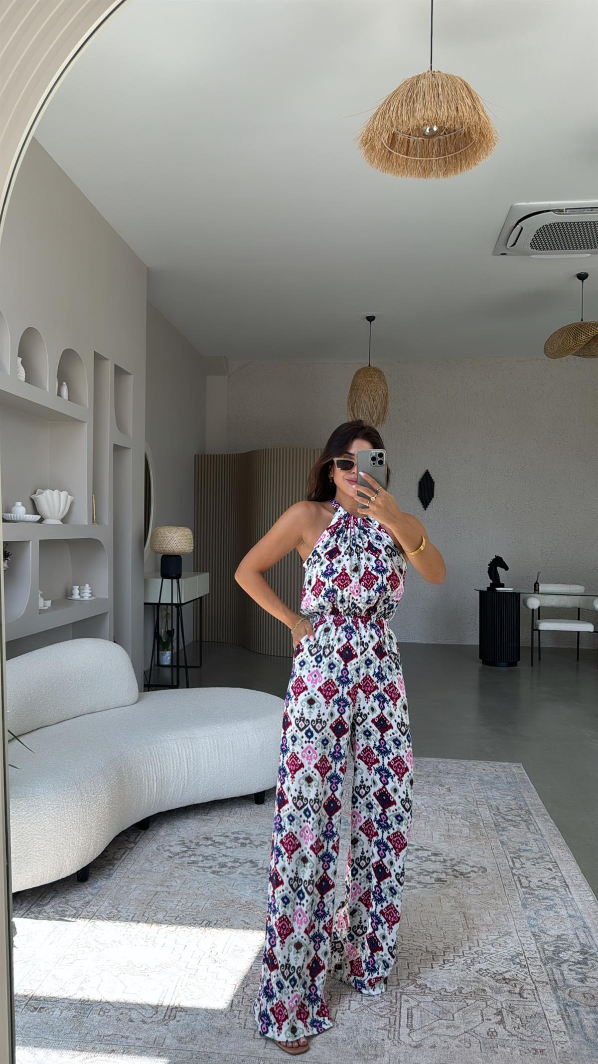 Etnik Desenli Halter Yaka Tulum