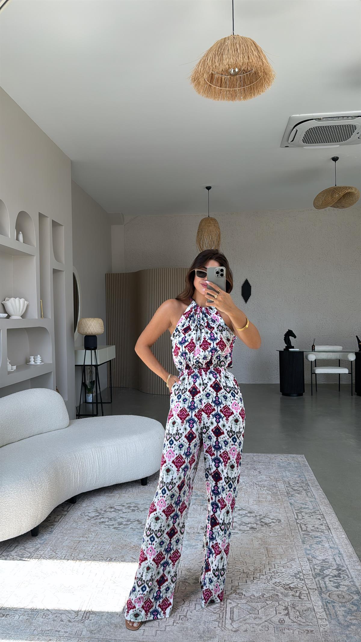 Etnik Desenli Halter Yaka Tulum