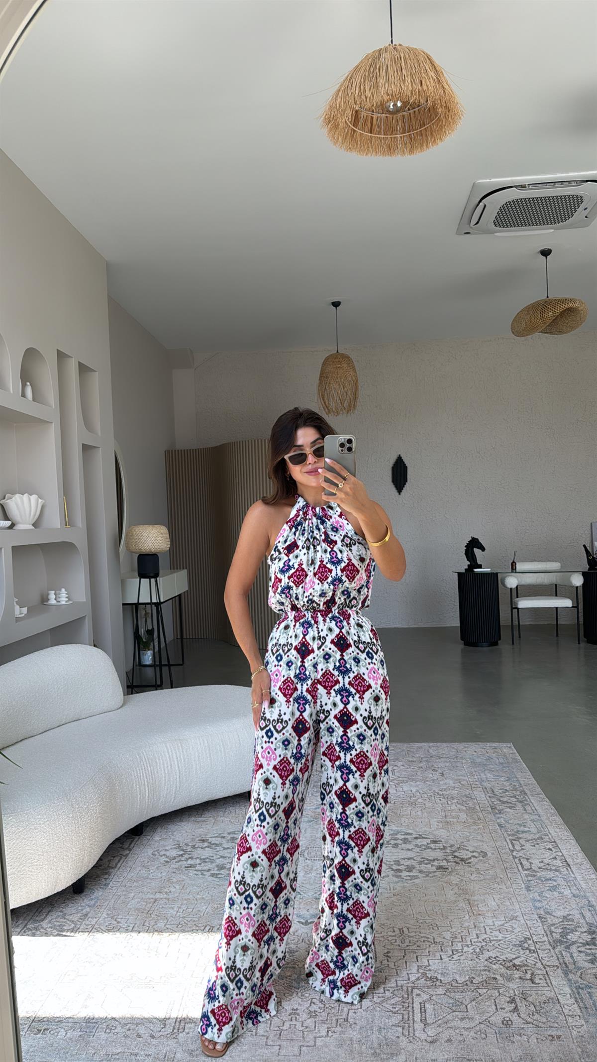 Etnik Desenli Halter Yaka Tulum