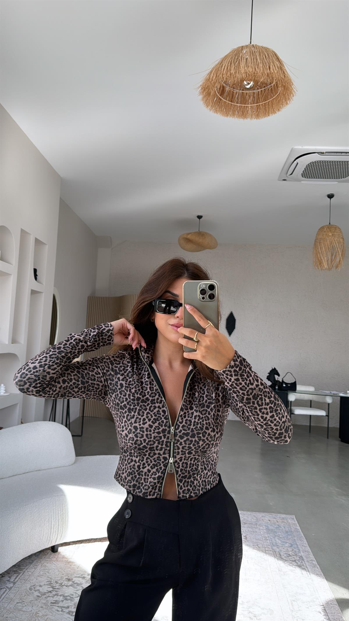Fermuar Detaylı Leopar Bluz