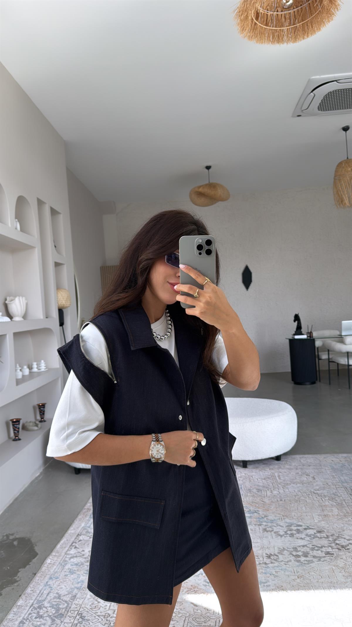 Fermuar Detaylı Tasarım Denim Yelek