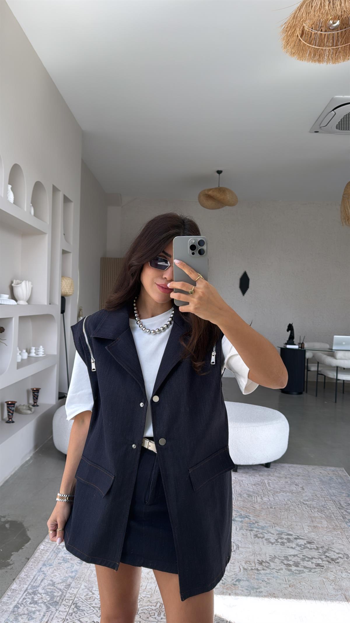 Fermuar Detaylı Tasarım Denim Yelek