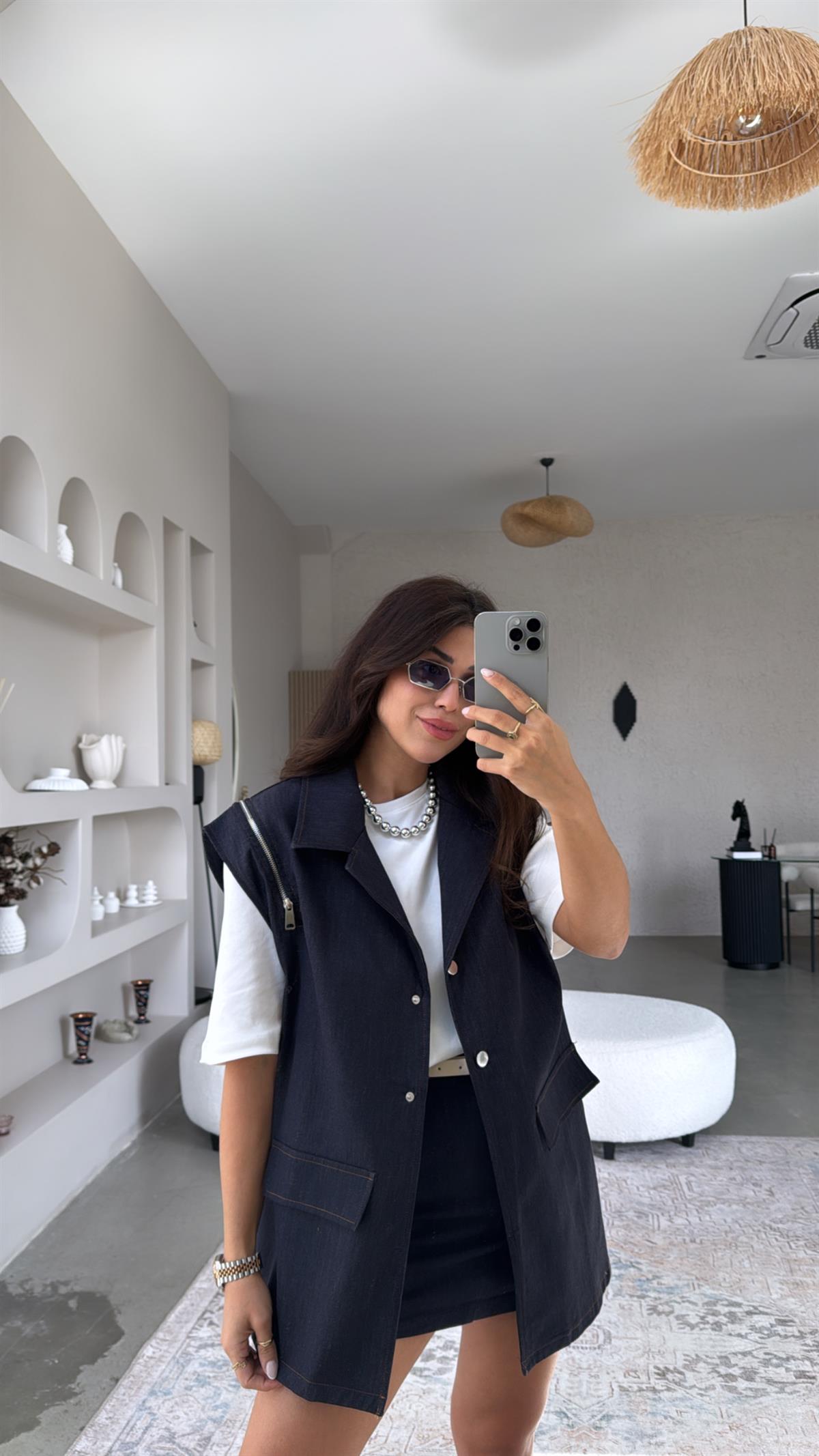 Fermuar Detaylı Tasarım Denim Yelek