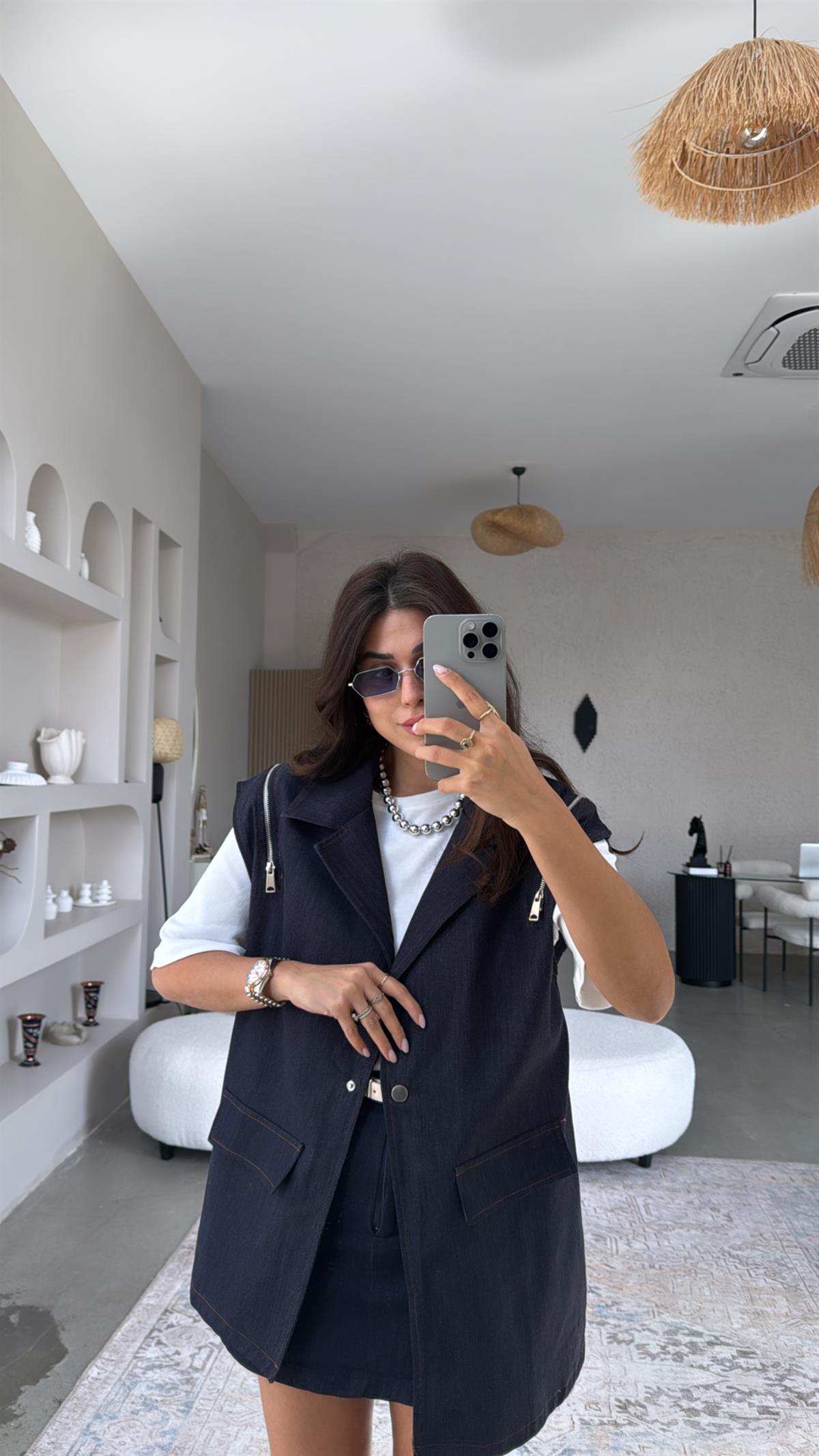 Fermuar Detaylı Tasarım Denim Yelek