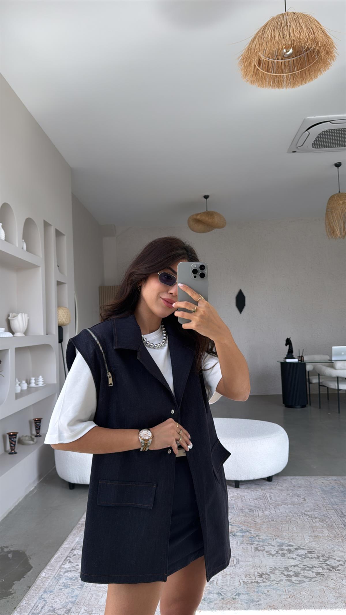 Fermuar Detaylı Tasarım Denim Yelek