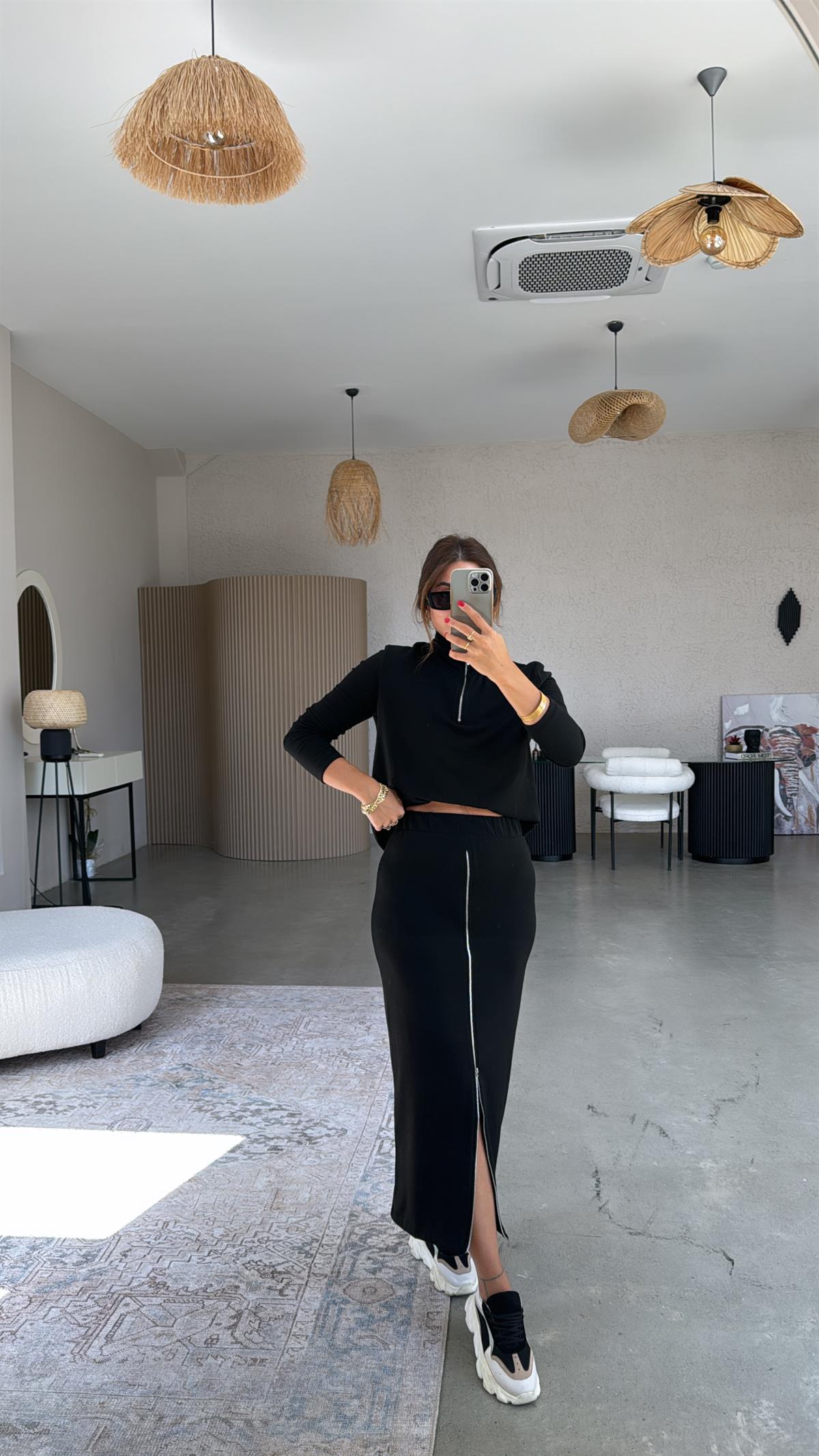 Fermuar Detaylı Triko Etekli Takım