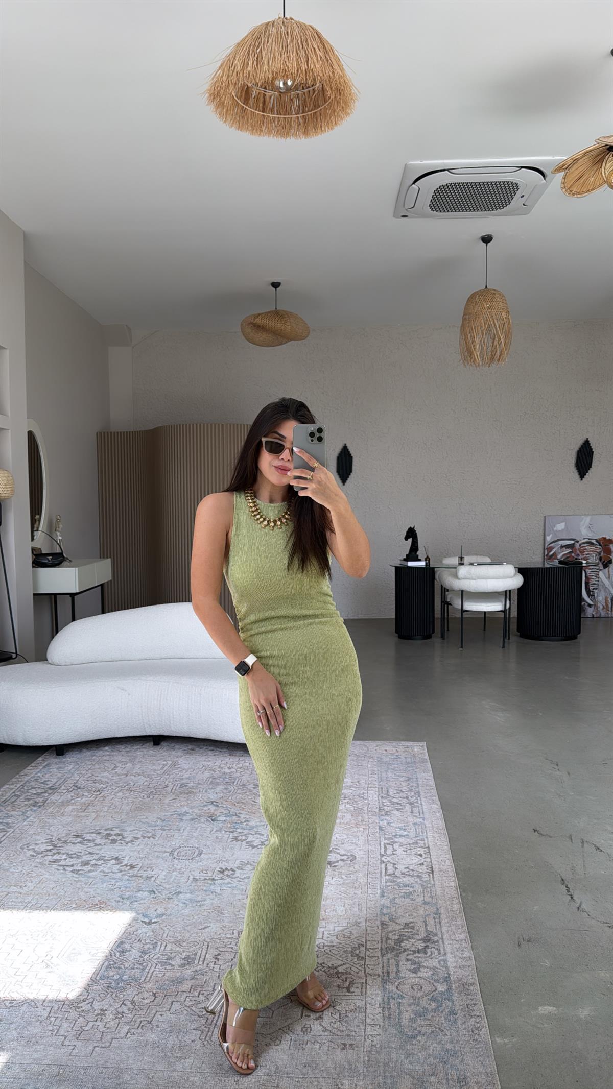 Fıstık Bürümcük ZR Model Büzgü Detay Elbise