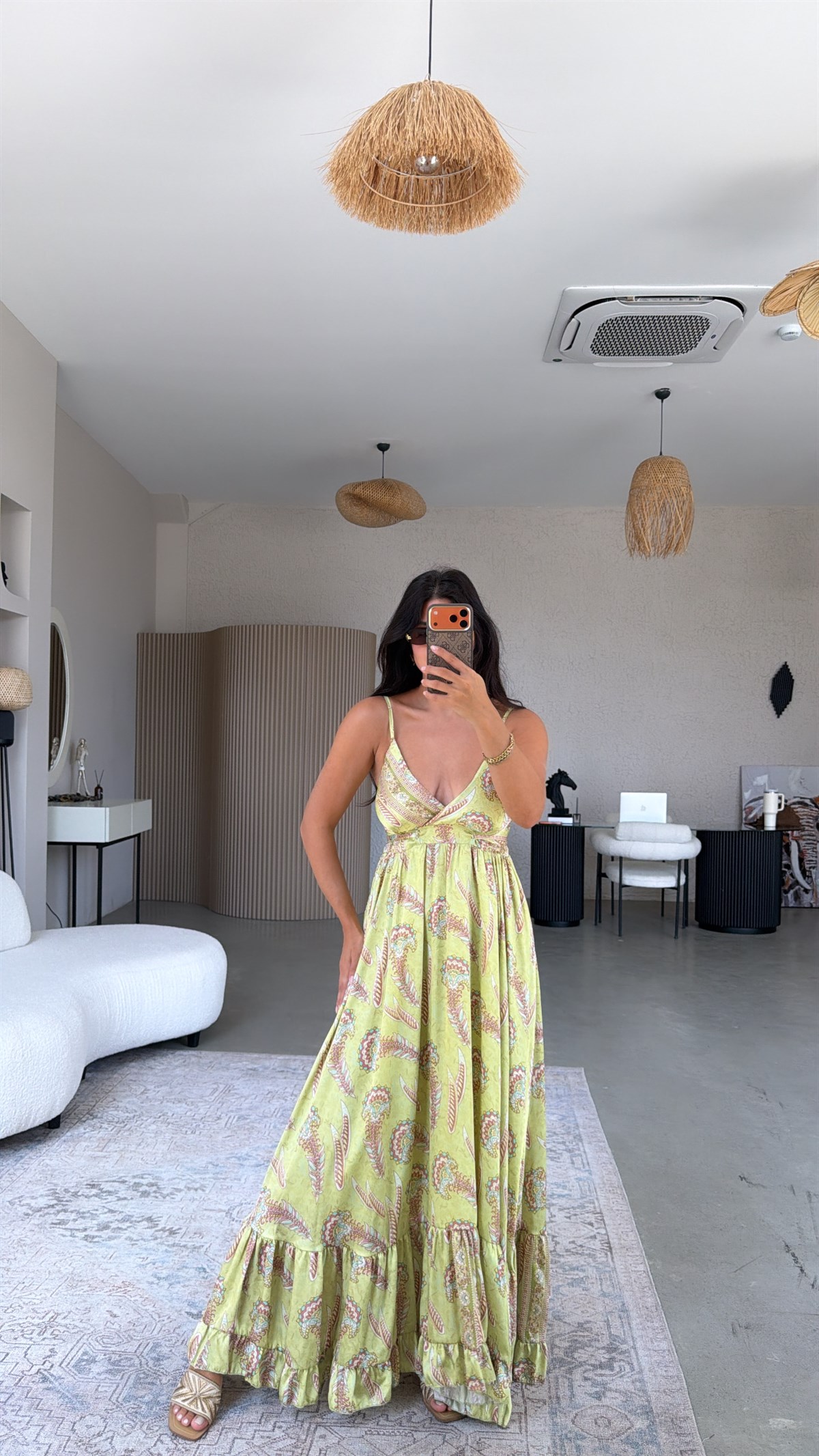 Fıstık Yeşili Desenli Premium Saten Elbise