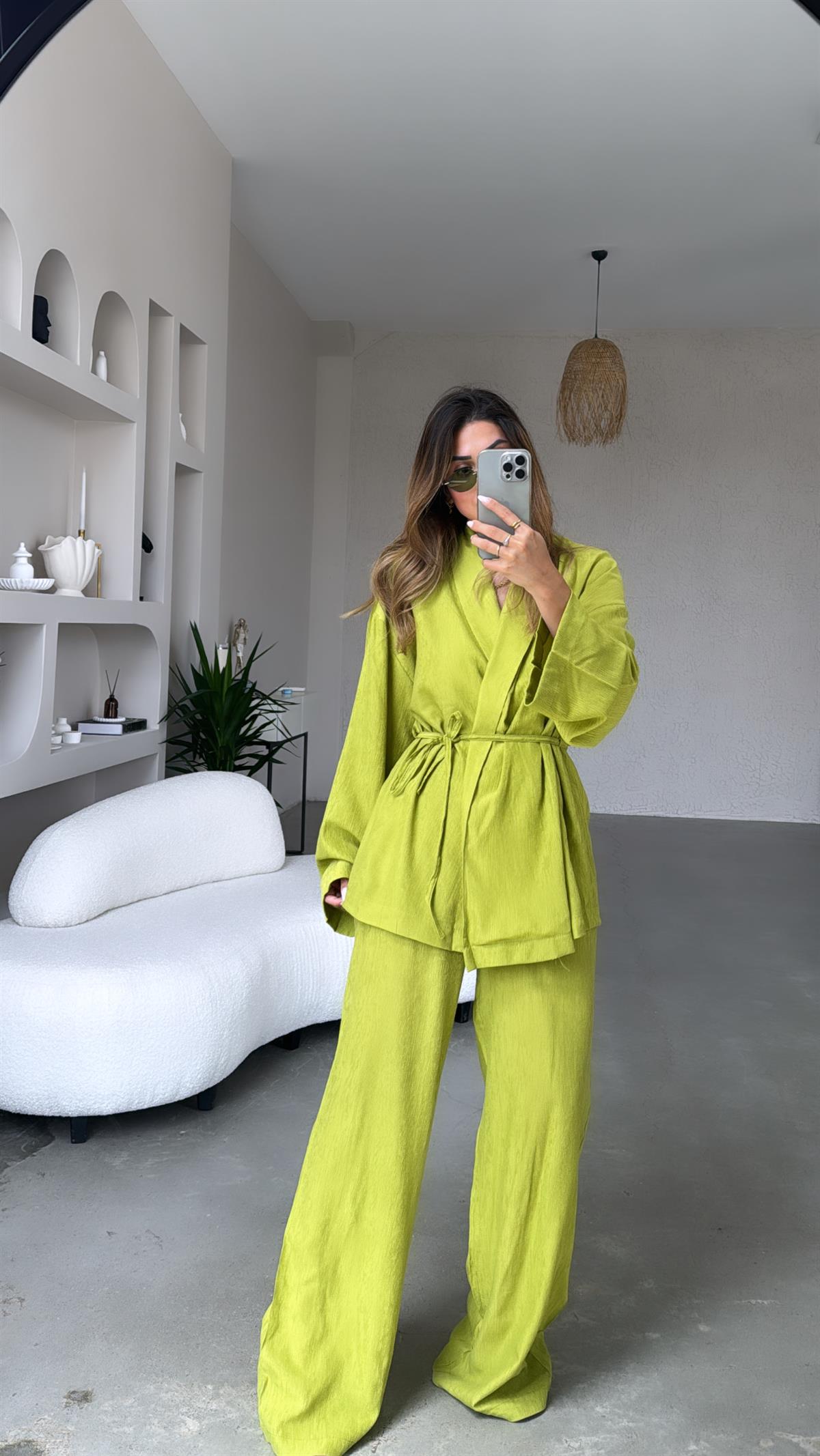 Fıstık Yeşili Şal Yaka Kimono Takım