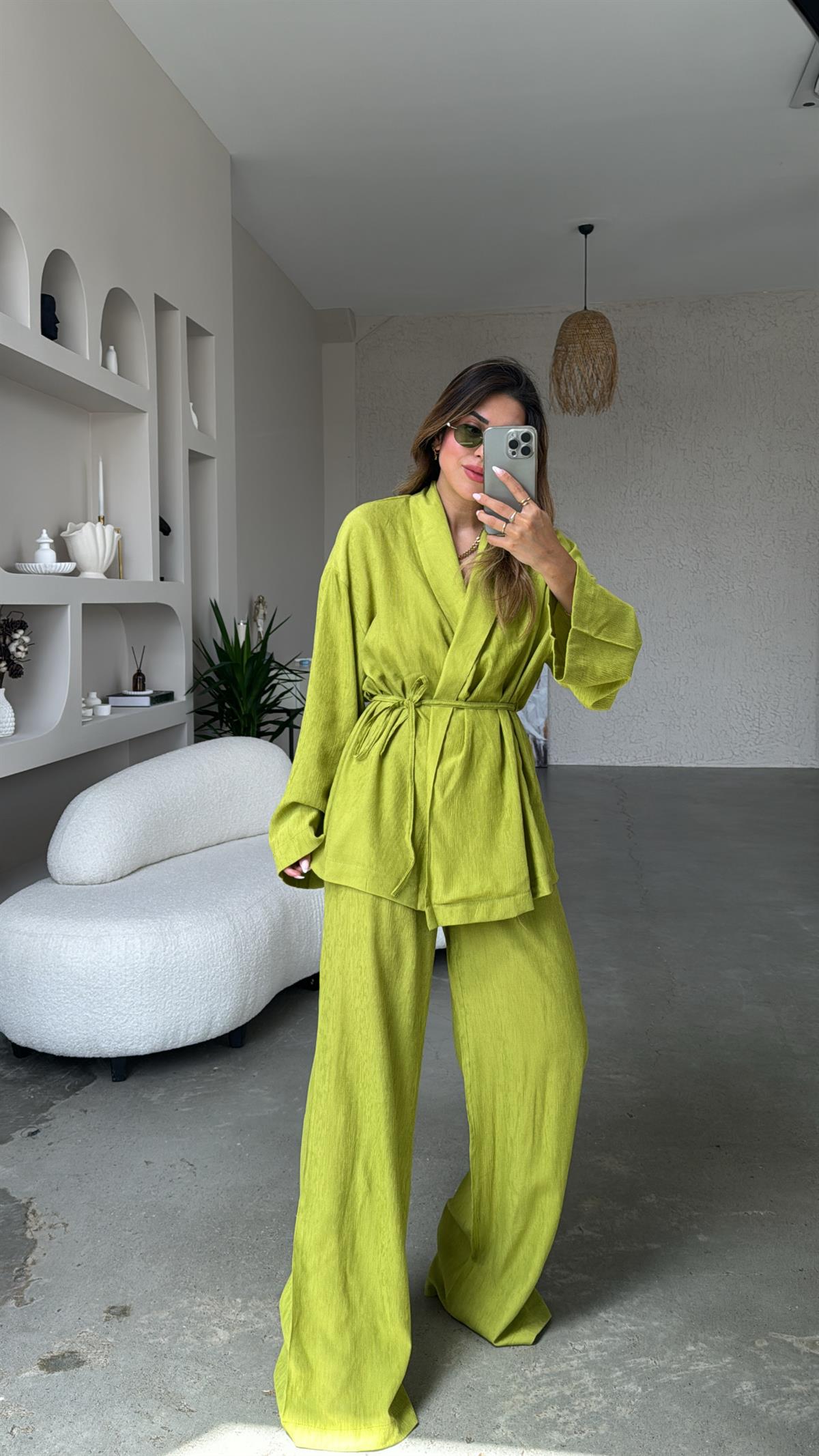 Fıstık Yeşili Şal Yaka Kimono Takım