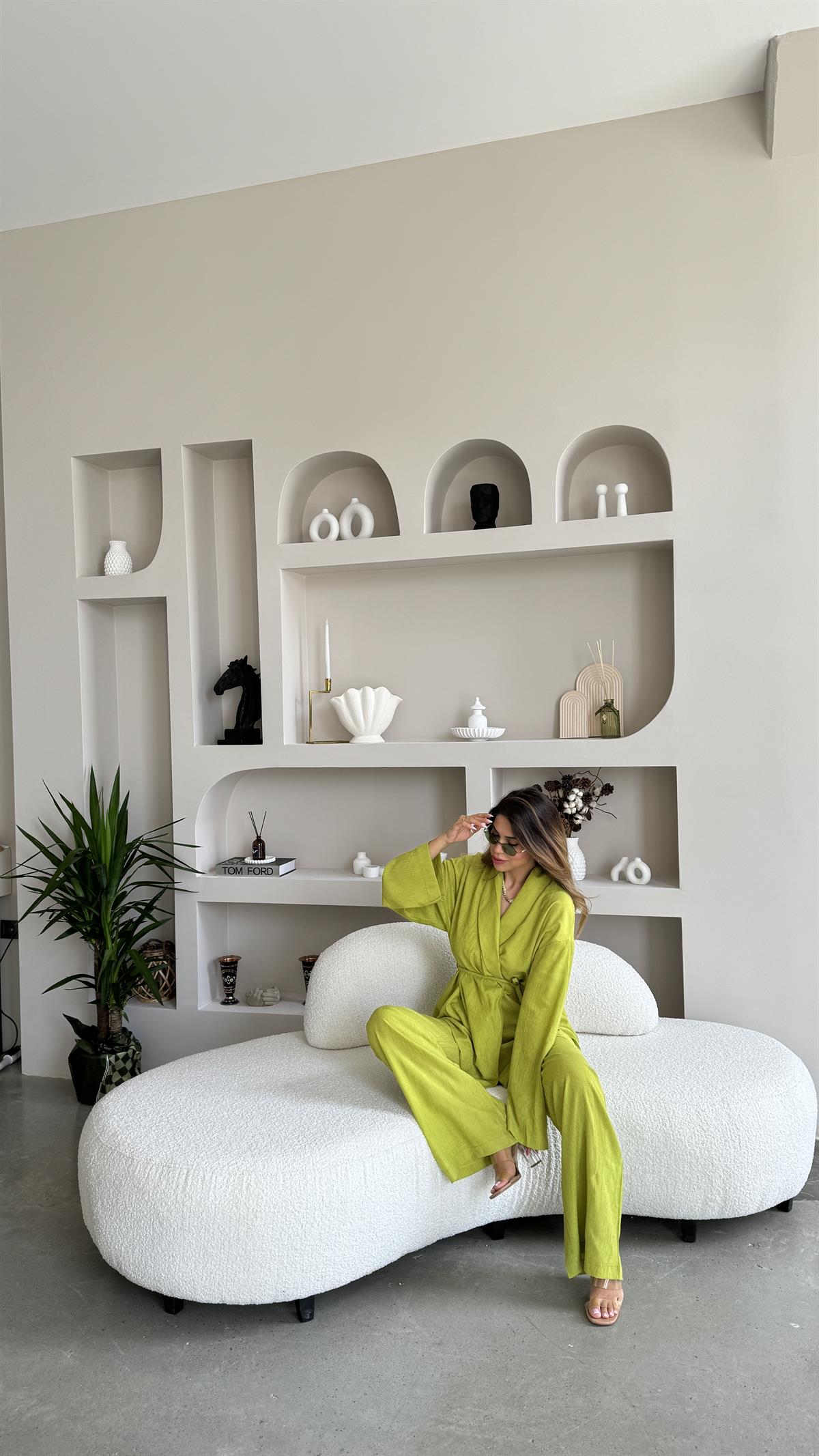 Fıstık Yeşili Şal Yaka Kimono Takım