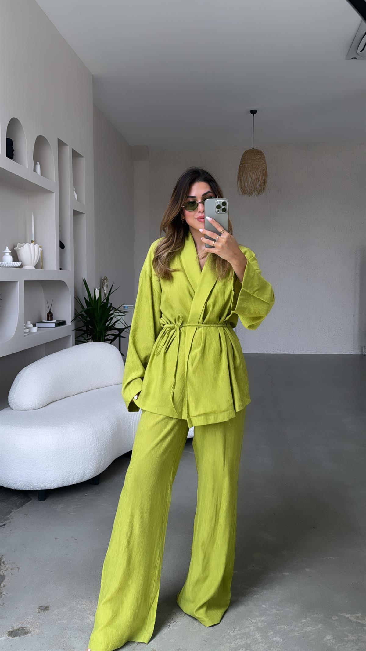 Fıstık Yeşili Şal Yaka Kimono Takım