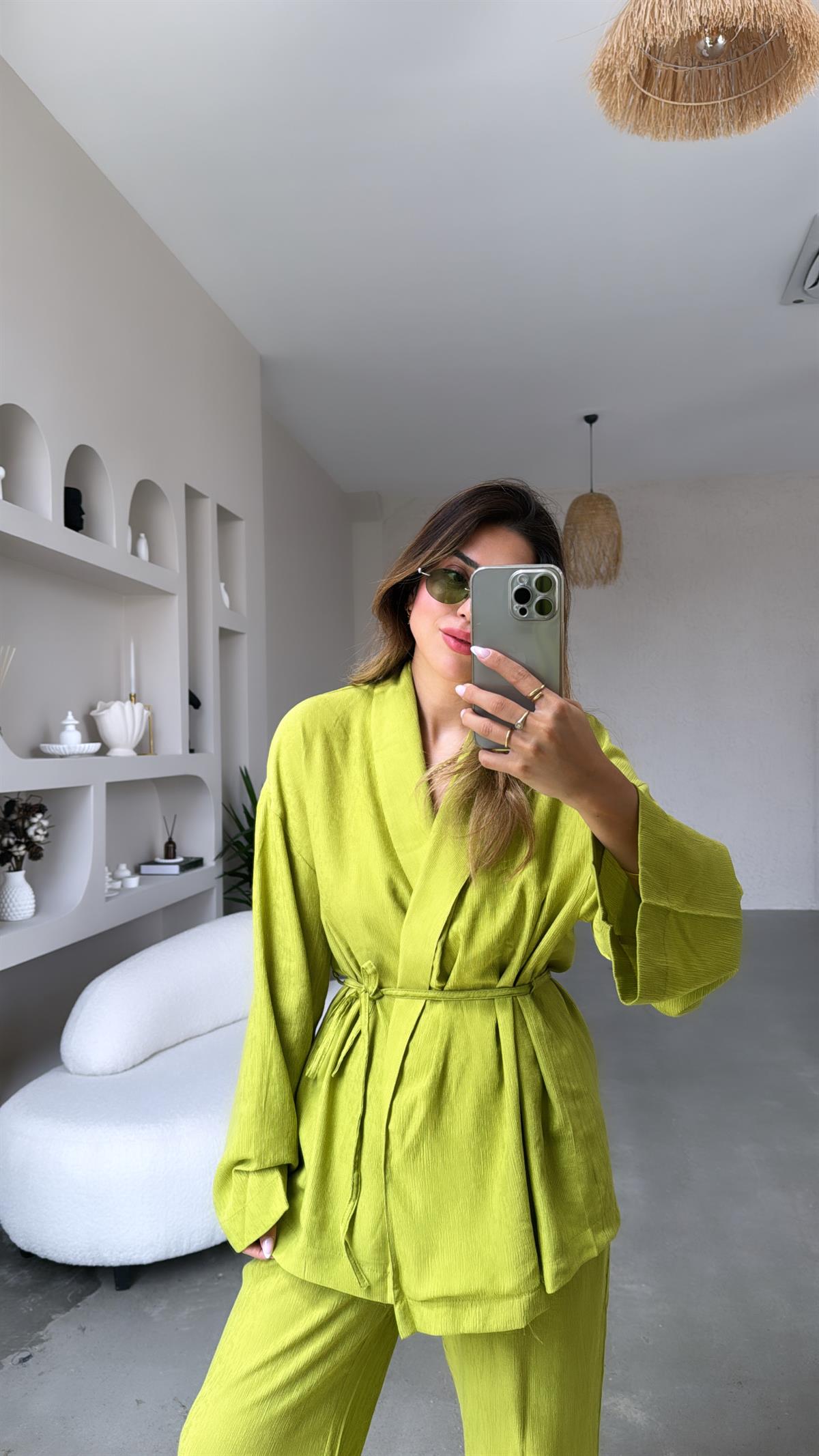 Fıstık Yeşili Şal Yaka Kimono Takım