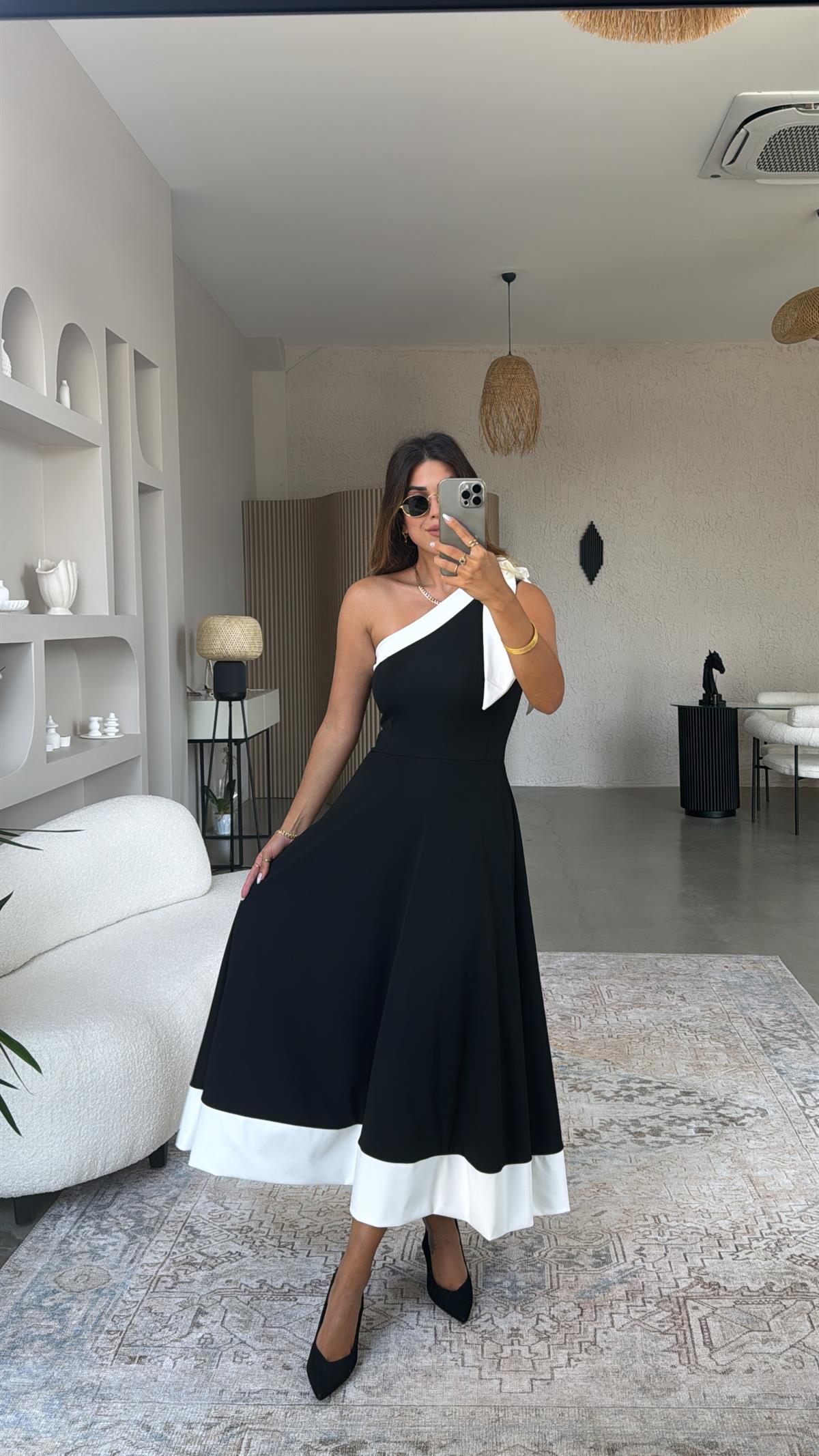 Fiyonk Detay Tek Omuz Maxi Elbise
