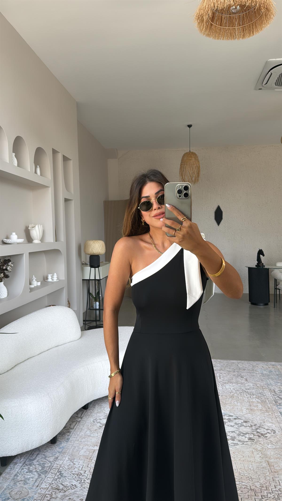 Fiyonk Detay Tek Omuz Maxi Elbise