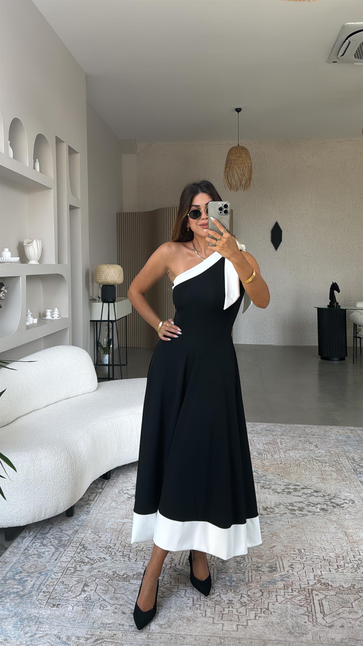Fiyonk Detay Tek Omuz Maxi Elbise