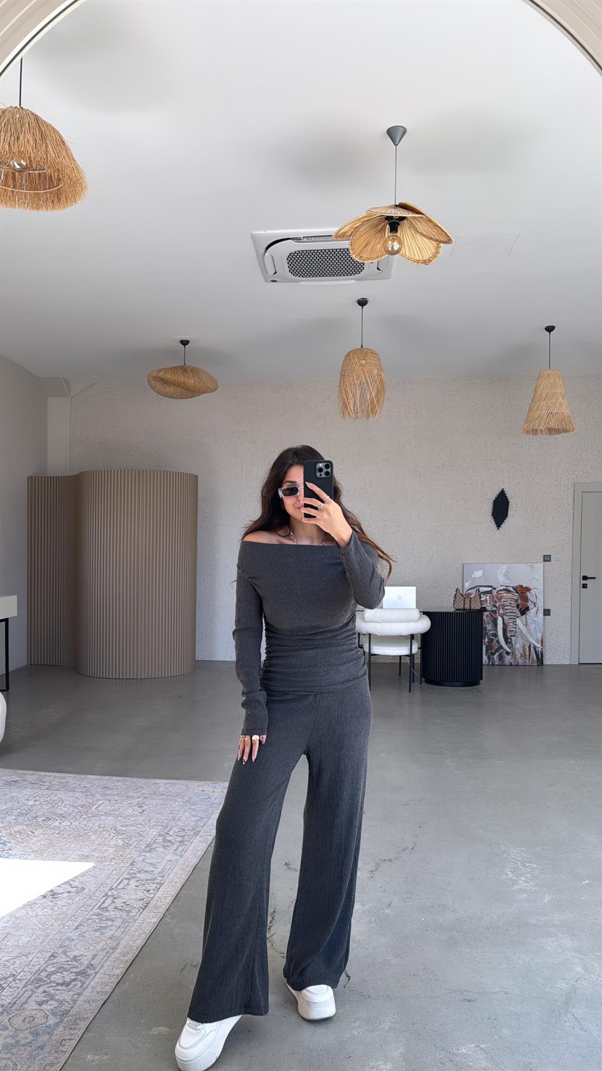 Füme Drape Detay Kayık Yaka Bürümcük Takım