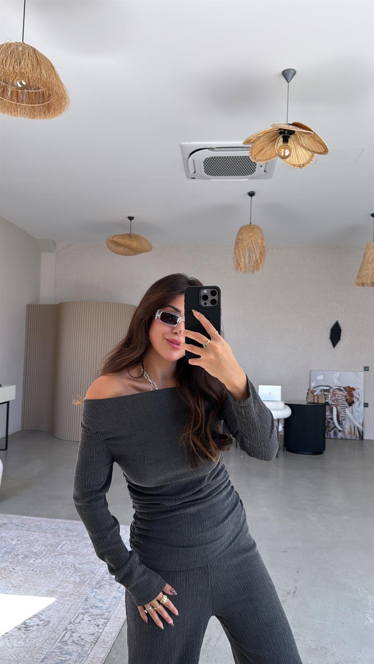 Füme Drape Detay Kayık Yaka Bürümcük Takım