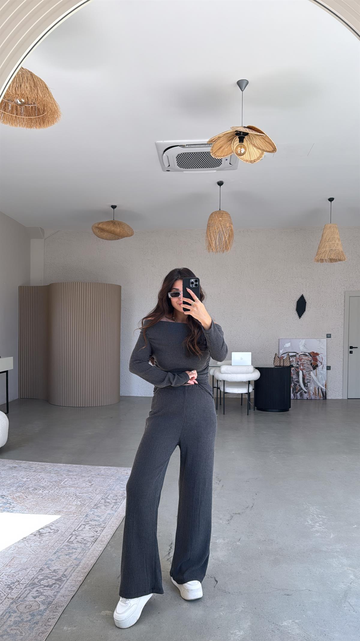 Füme Drape Detay Kayık Yaka Bürümcük Takım