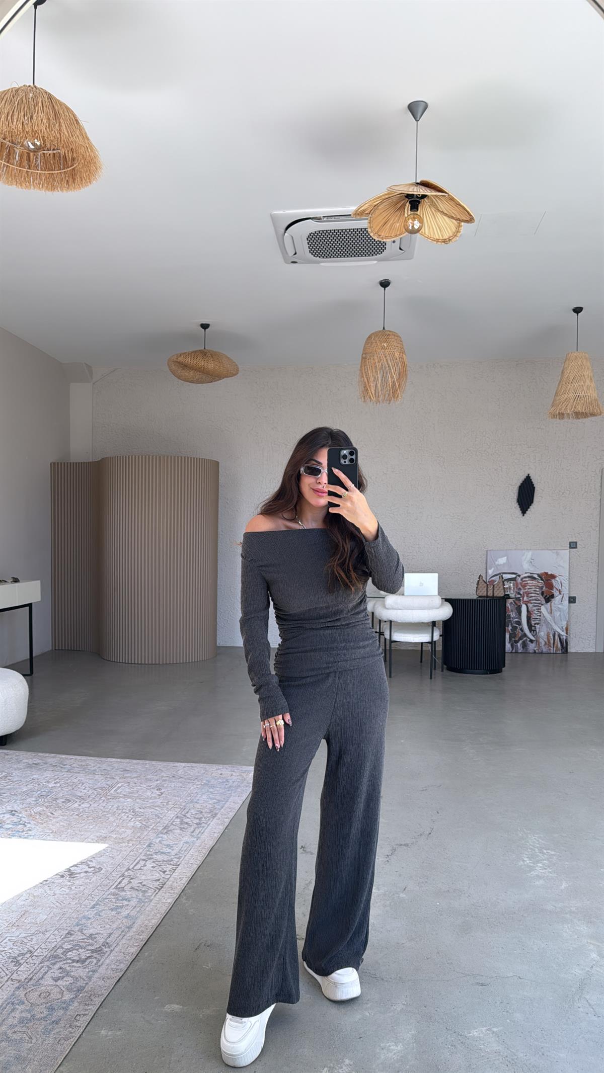 Füme Drape Detay Kayık Yaka Bürümcük Takım