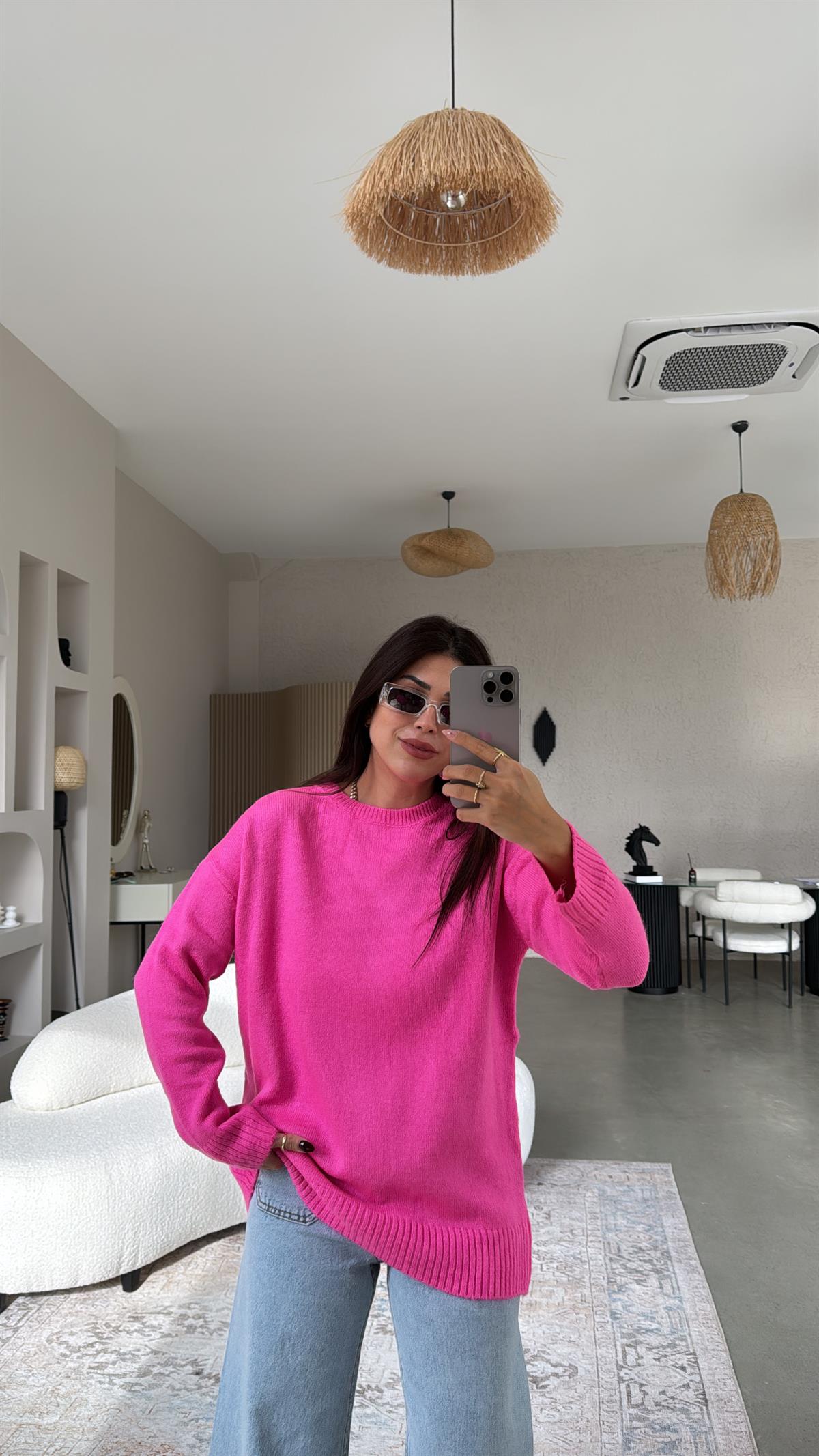 Fuşya Bisiklet Yaka Yumoş Kazak