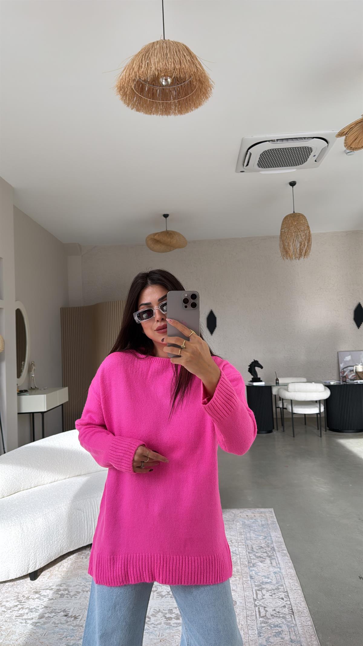 Fuşya Bisiklet Yaka Yumoş Kazak