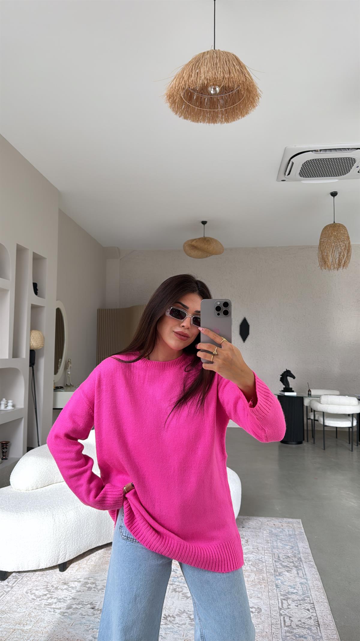 Fuşya Bisiklet Yaka Yumoş Kazak