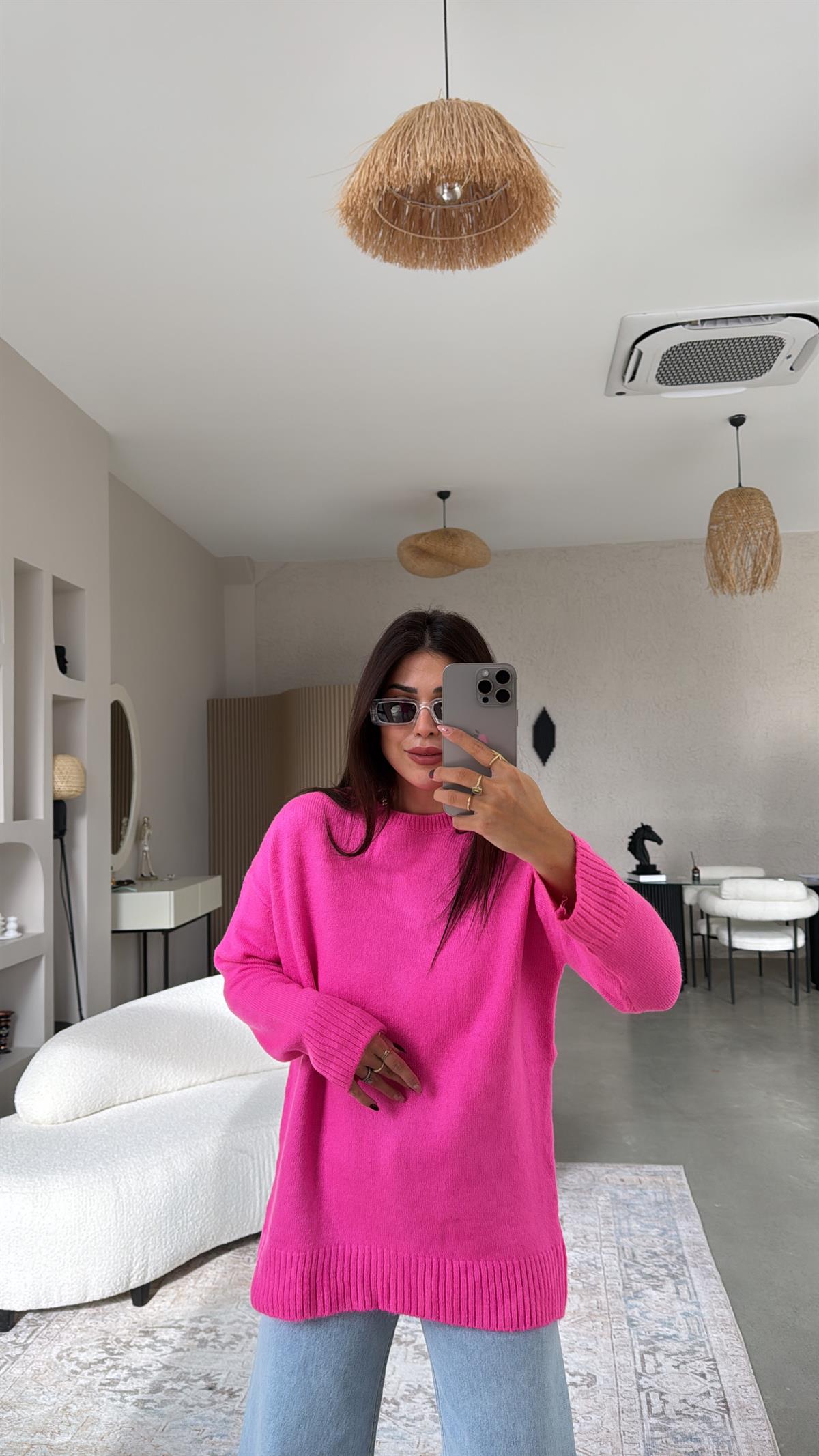 Fuşya Bisiklet Yaka Yumoş Kazak