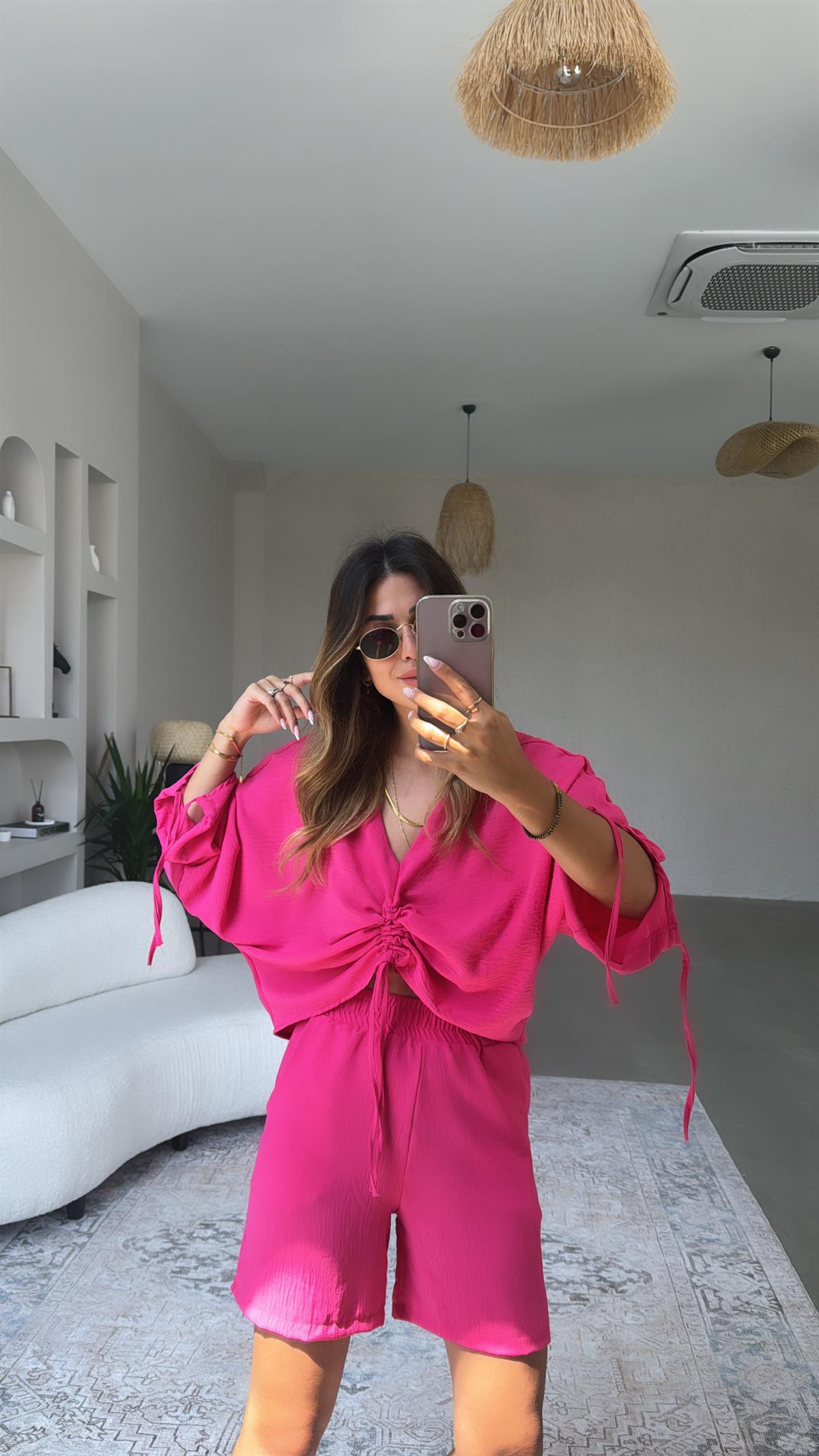 Fuşya Büzgülü Tiril Bluz