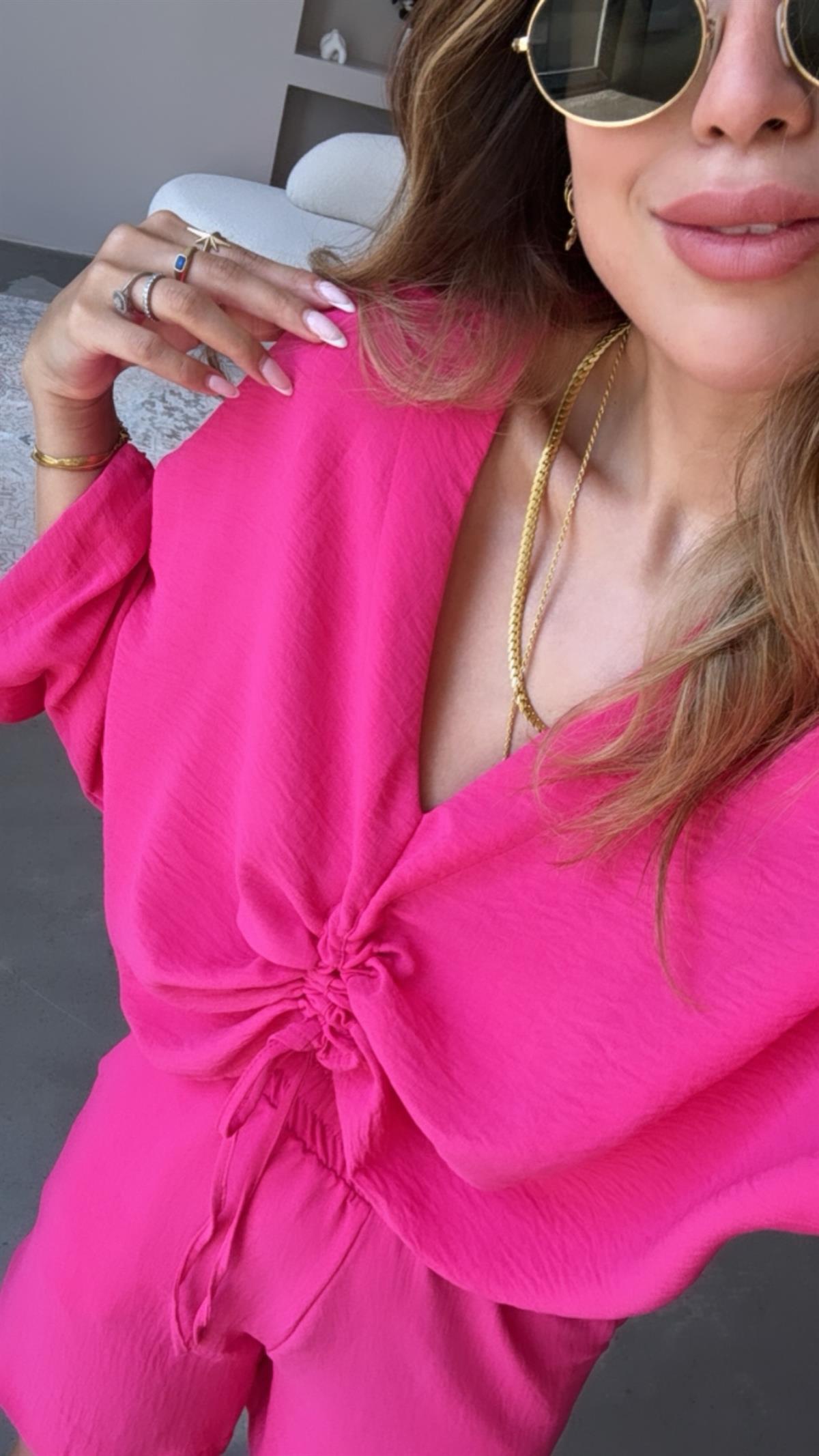 Fuşya Büzgülü Tiril Bluz