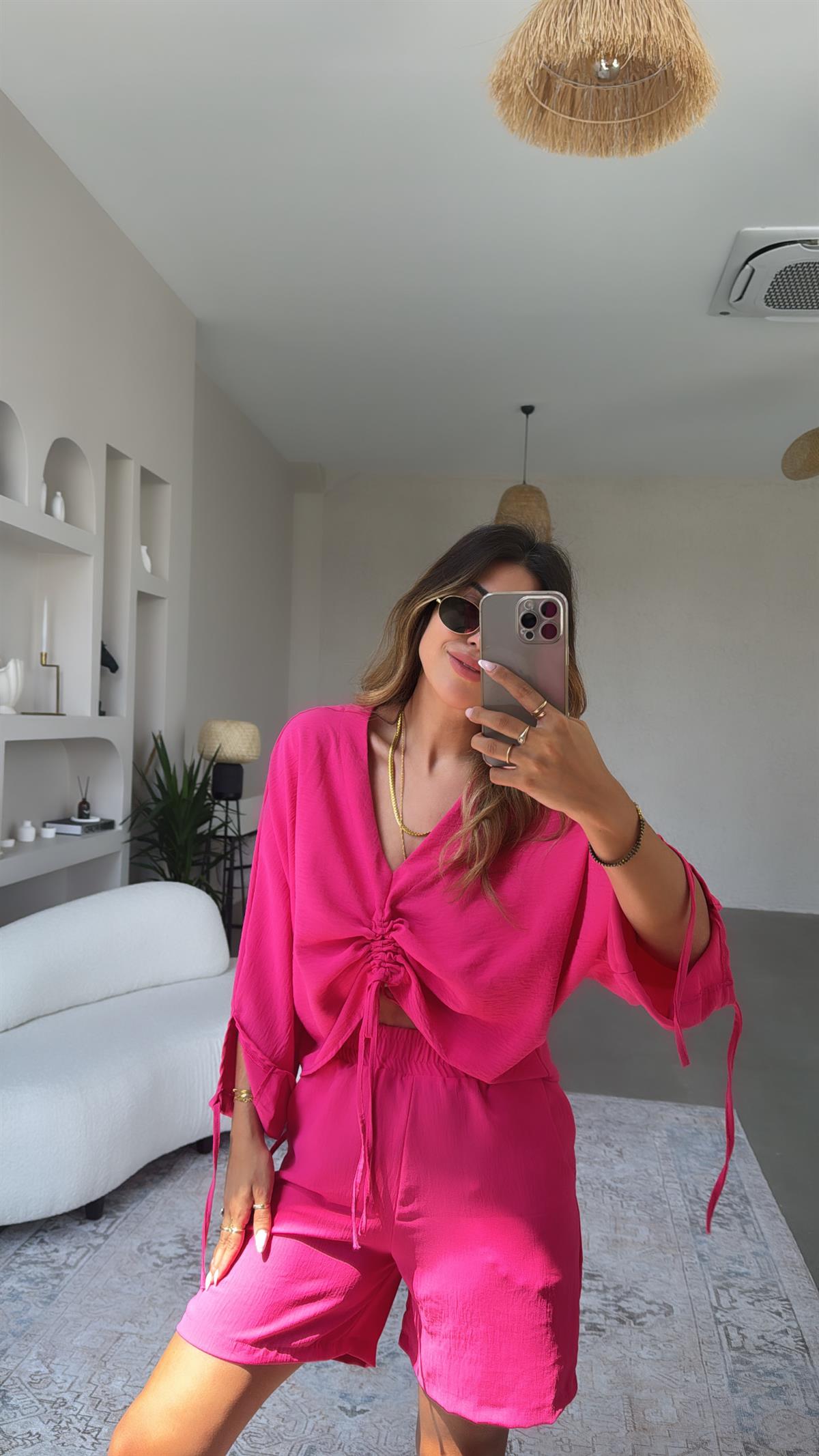 Fuşya Büzgülü Tiril Bluz