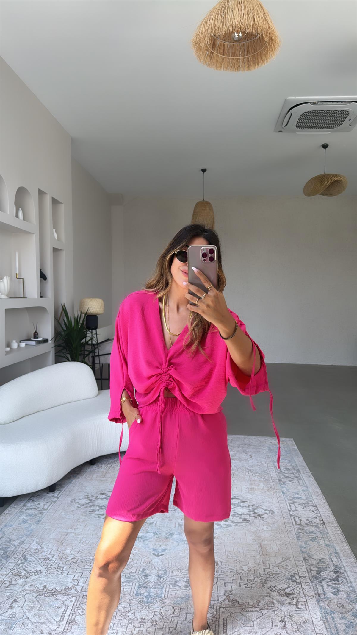 Fuşya Büzgülü Tiril Bluz