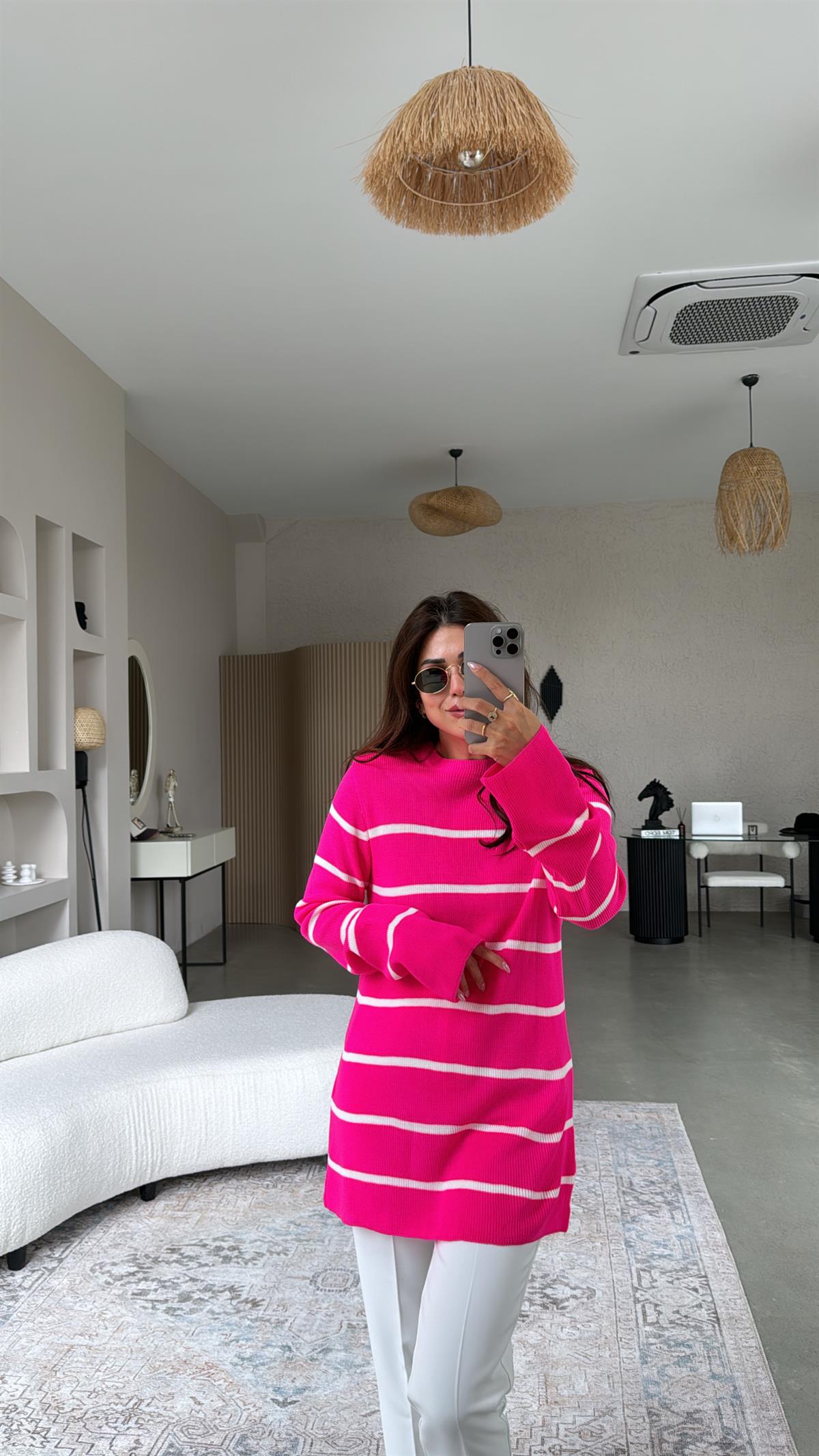 Fuşya Çizgili Triko Tunik