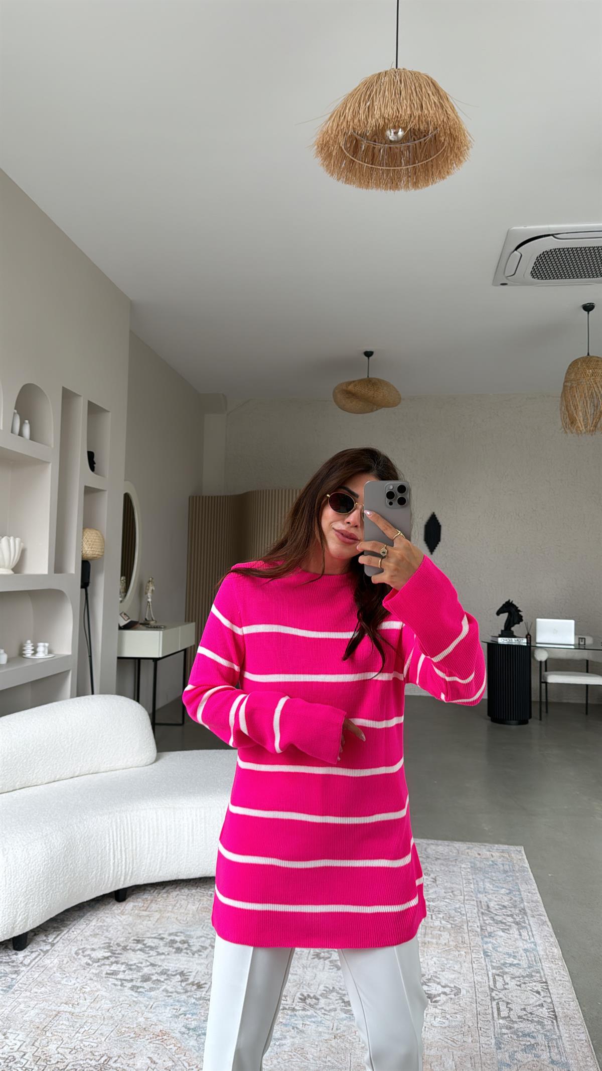 Fuşya Çizgili Triko Tunik