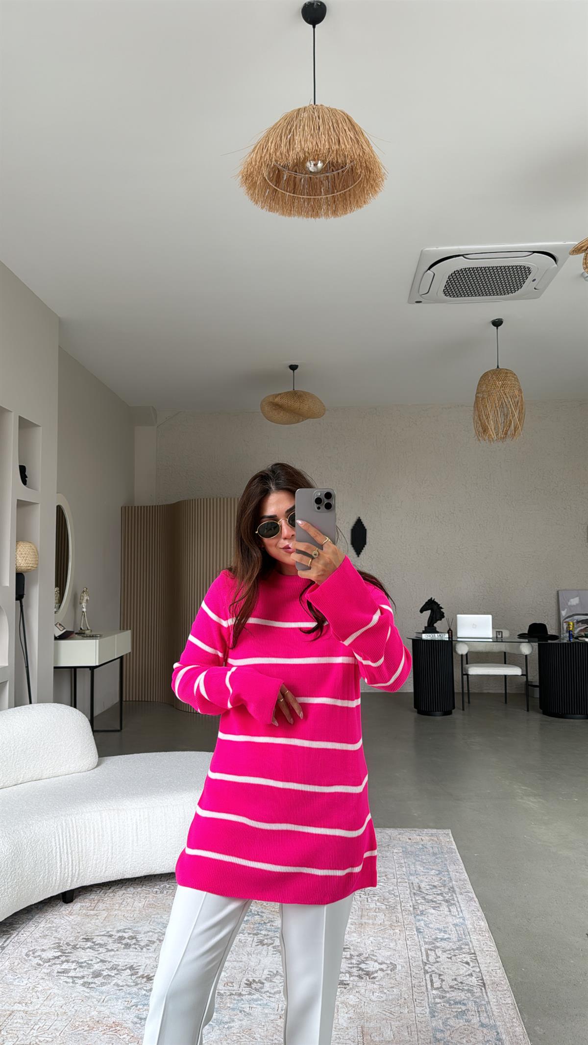 Fuşya Çizgili Triko Tunik