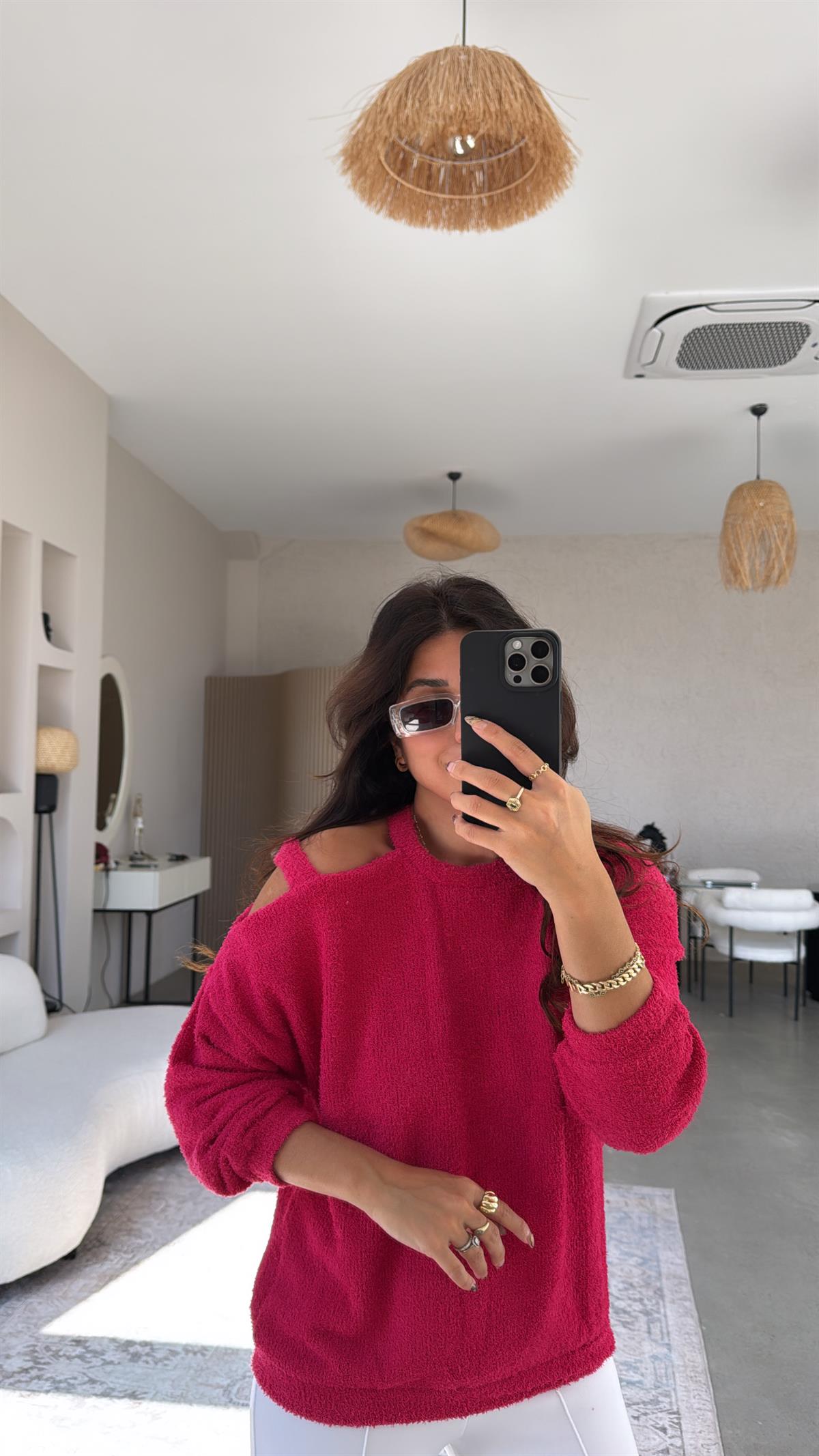 Fuşya Dokulu Omuz Detaylı Triko