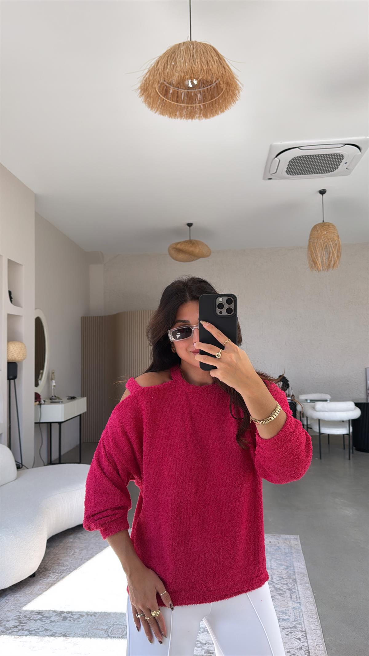 Fuşya Dokulu Omuz Detaylı Triko