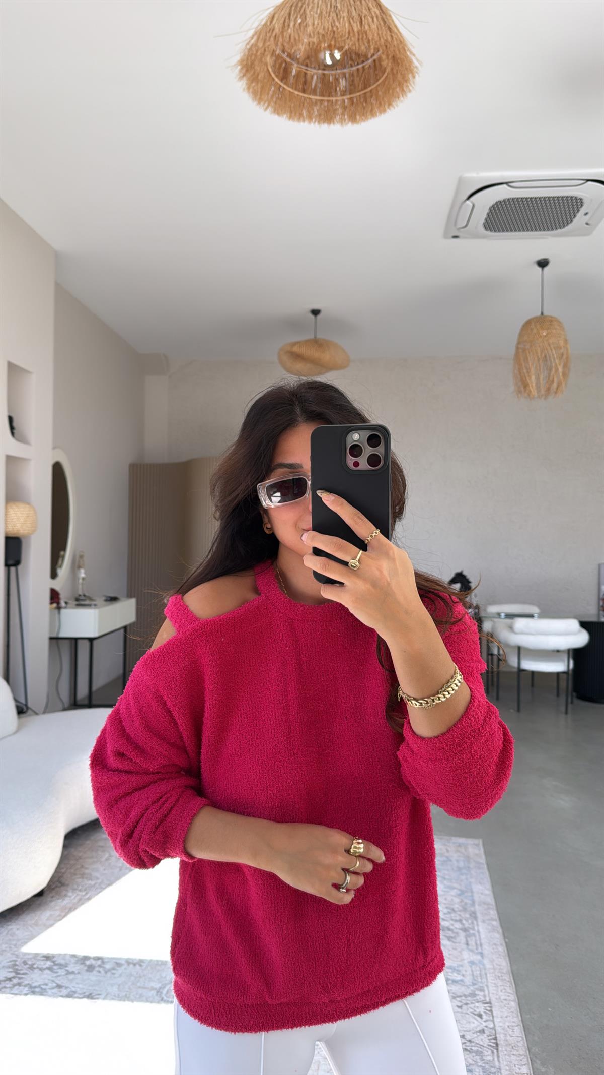 Fuşya Dokulu Omuz Detaylı Triko