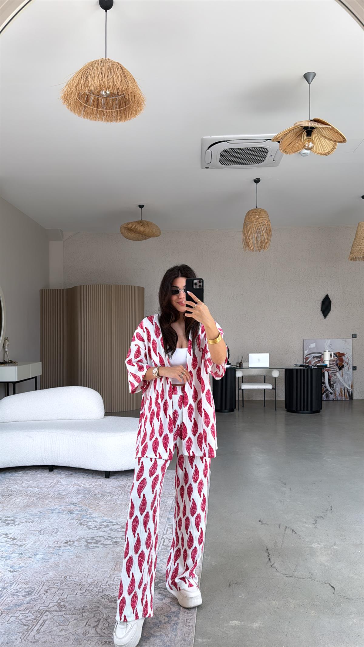 Fuşya Etnik Desenli Bürümcük Ceketli Takım